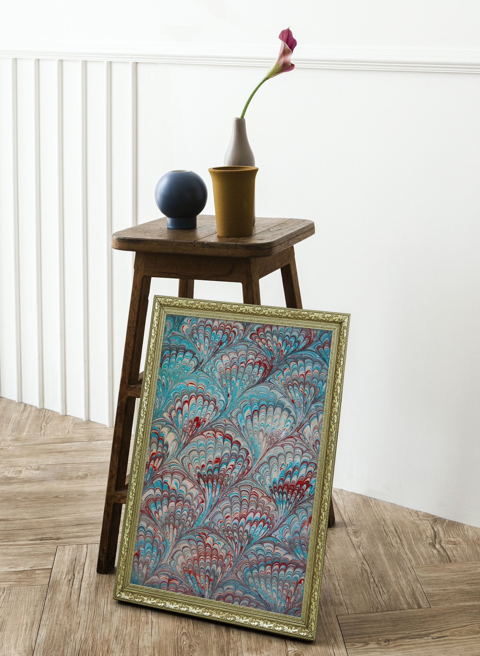 Turkuaz ve Kırmızı Damarlı Ebru 60x80 cm Çerçeveli Tablo