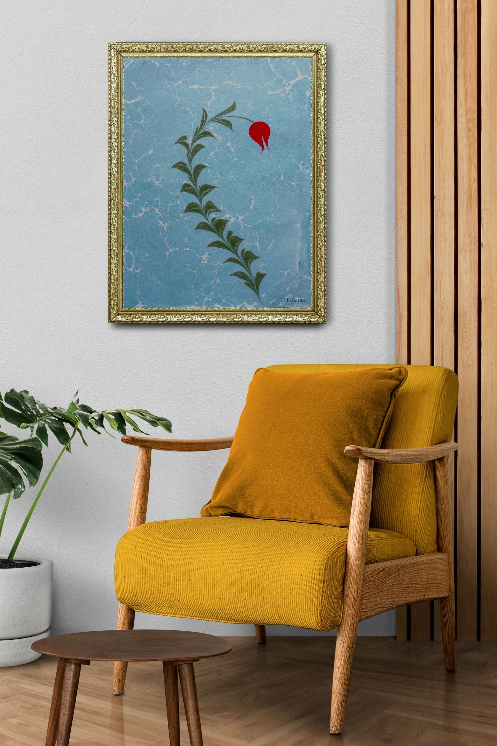 Bordo, Mor ve Mavi Serbest Fırça Desenli Ebru 60x80 cm Çerçeveli Tablo