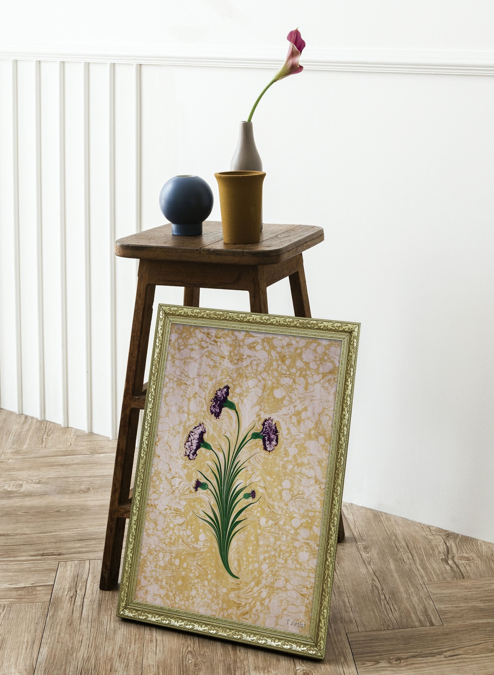 Turuncu Zemin Üzerinde Beyaz Gül Desenli Ebru 60x80 cm Çerçeveli Tablo
