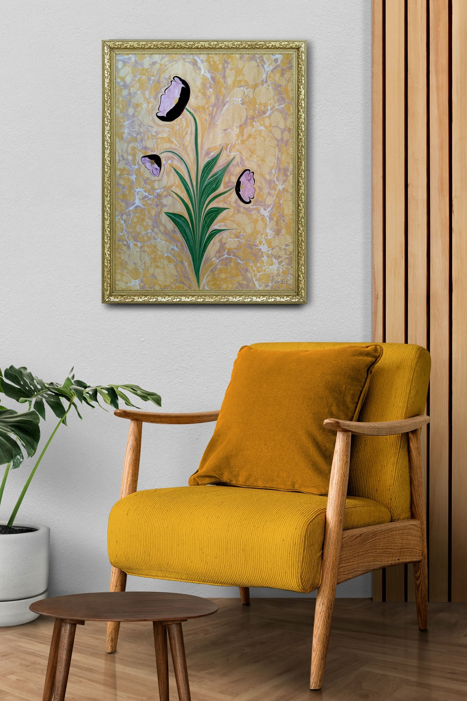 Bordo ve Pembe Laleler Ebru 60x80 cm Çerçeveli Tablo