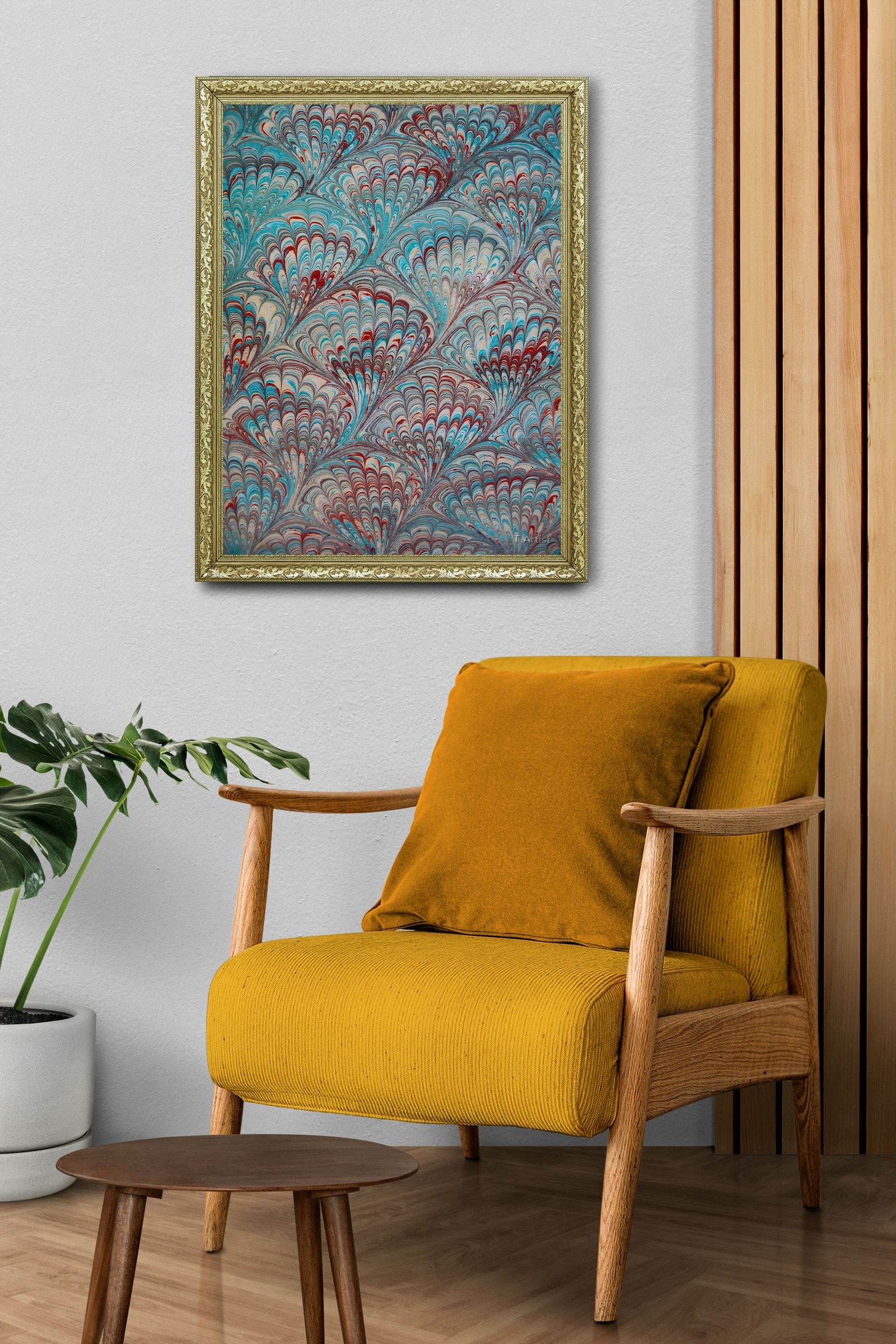 Turkuaz ve Kırmızı Damarlı Ebru 60x80 cm Çerçeveli Tablo
