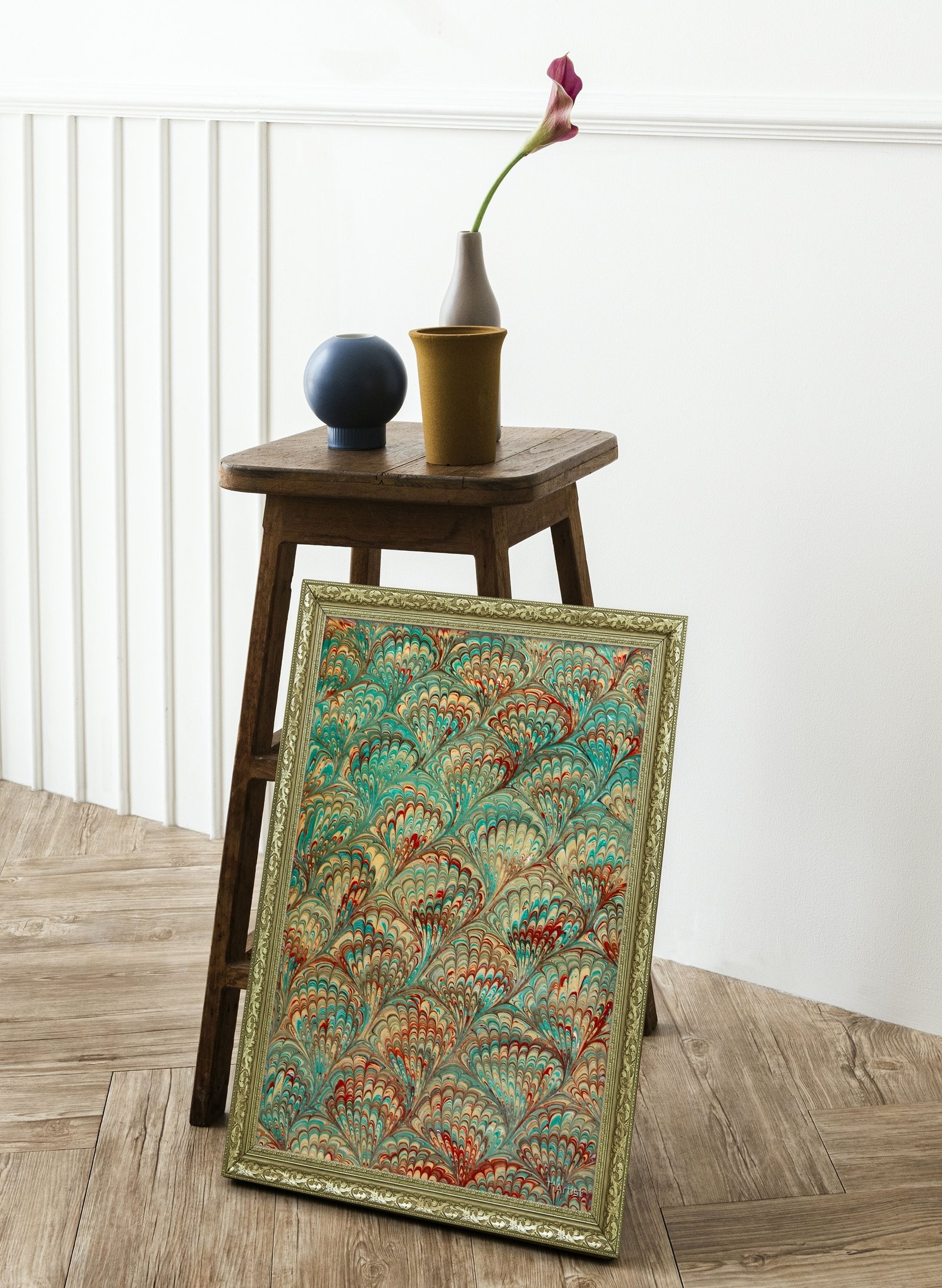 Turkuaz Damarlı Klasik Ebru 60x80 cm Çerçeveli Tablo