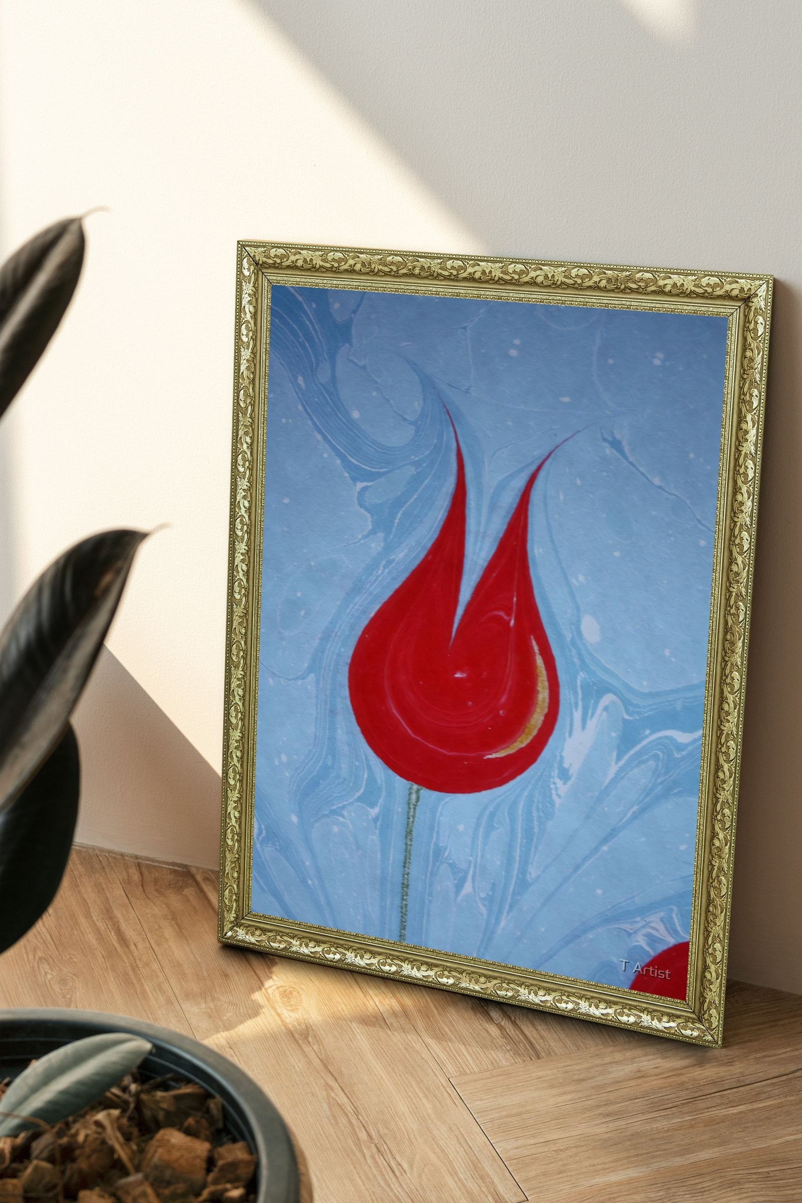 Fuşya, Turkuaz ve Sarı Damarlı Ebru 60x80 cm Çerçeveli Tablo