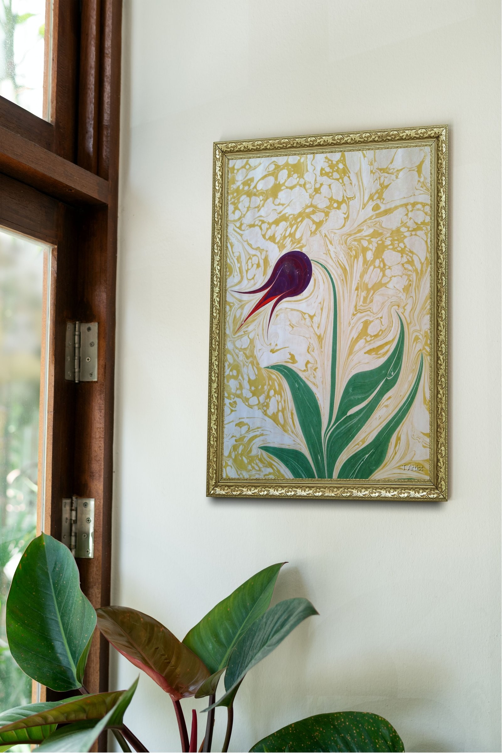Lacivert Zemin Üzerine Kırmızı Lale Motifli Ebru 60x80 cm Çerçeveli Tablo