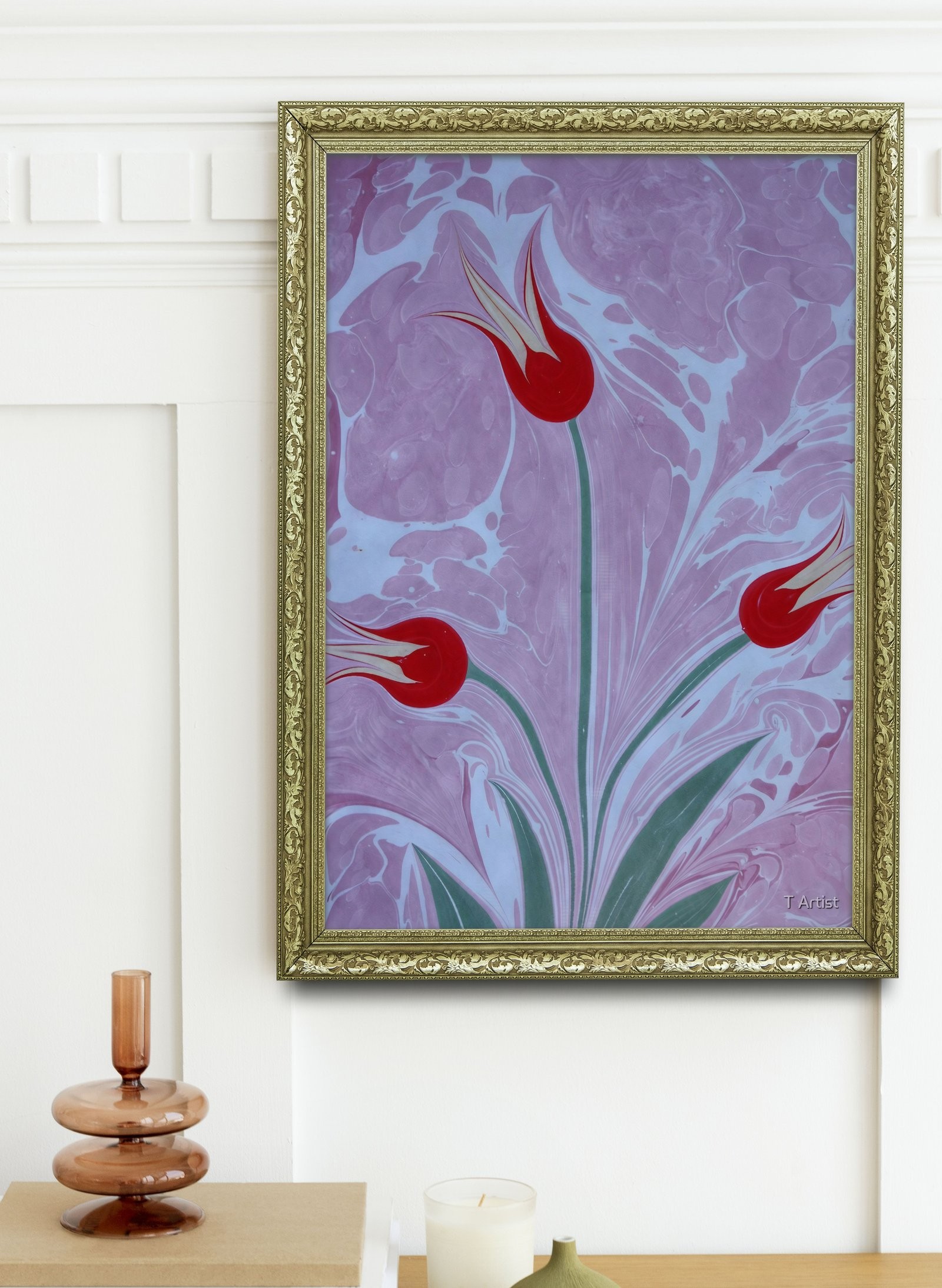 Siyah Zemin Üzerine Turuncu Laleler Ebru 60x80 cm Çerçeveli Tablo