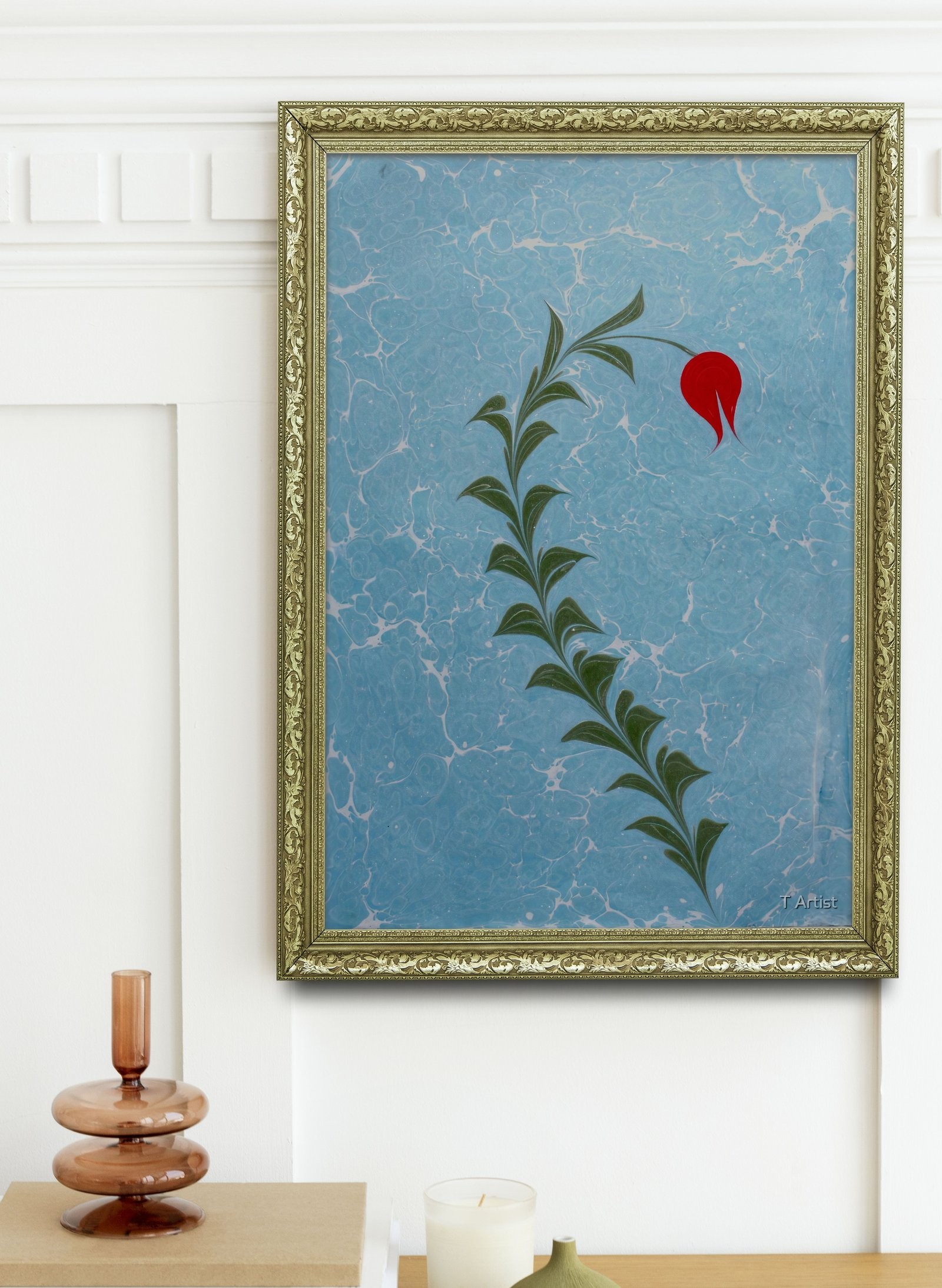 Bordo, Mor ve Mavi Serbest Fırça Desenli Ebru 60x80 cm Çerçeveli Tablo