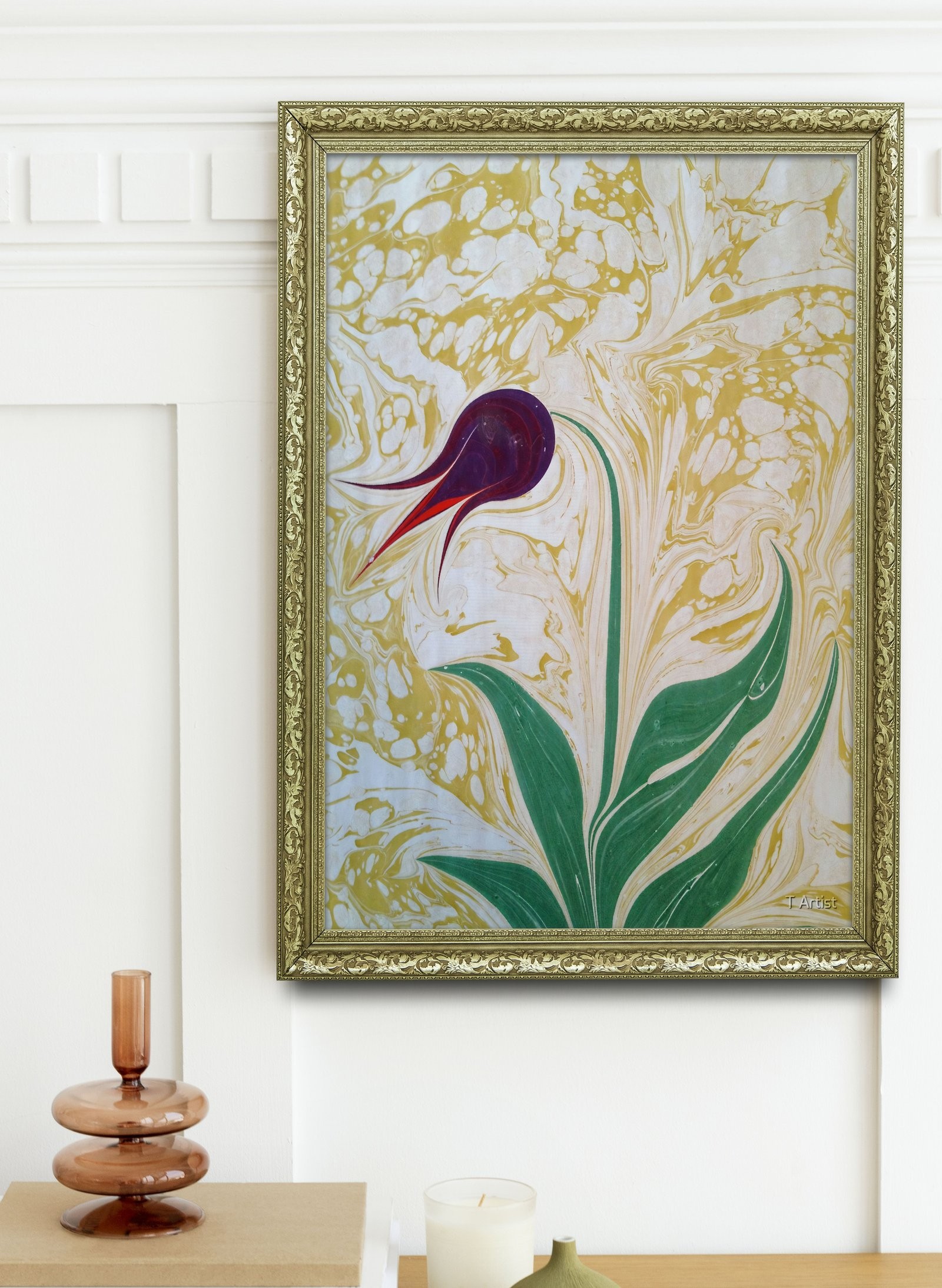Lacivert Zemin Üzerine Kırmızı Lale Motifli Ebru 60x80 cm Çerçeveli Tablo