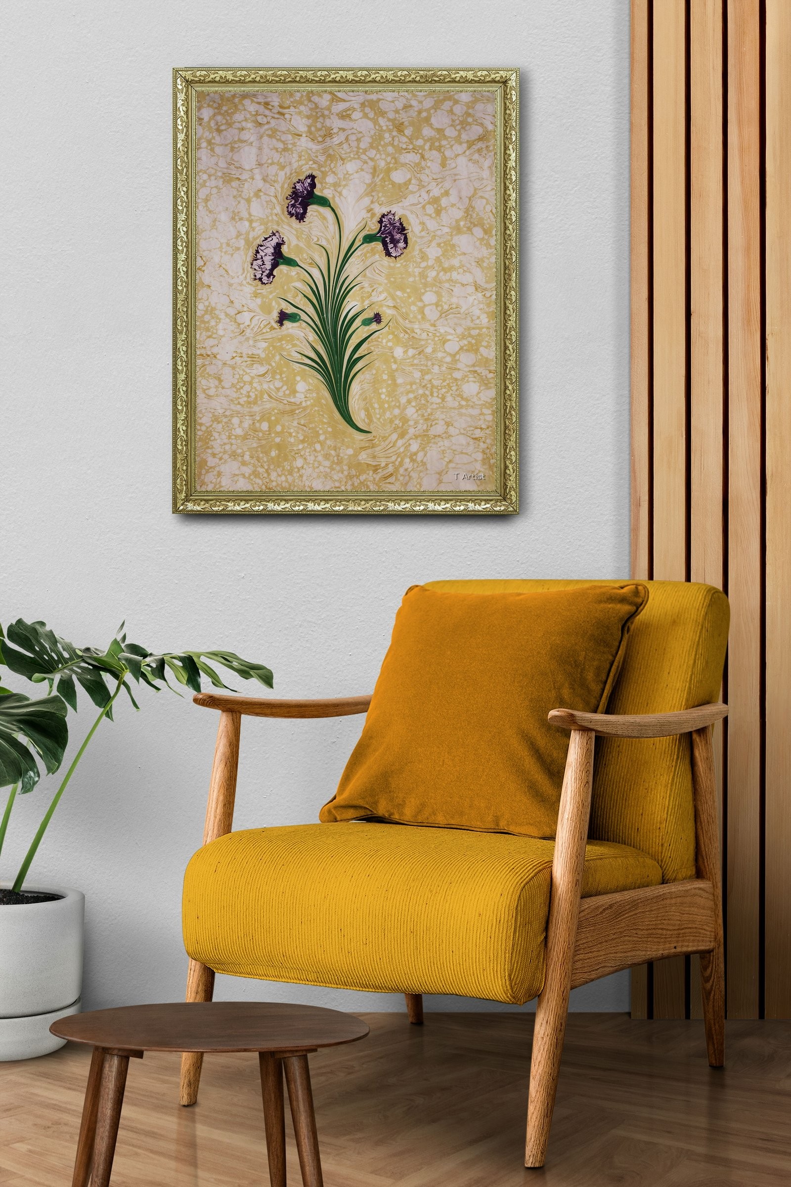 Turuncu Zemin Üzerinde Beyaz Gül Desenli Ebru 60x80 cm Çerçeveli Tablo