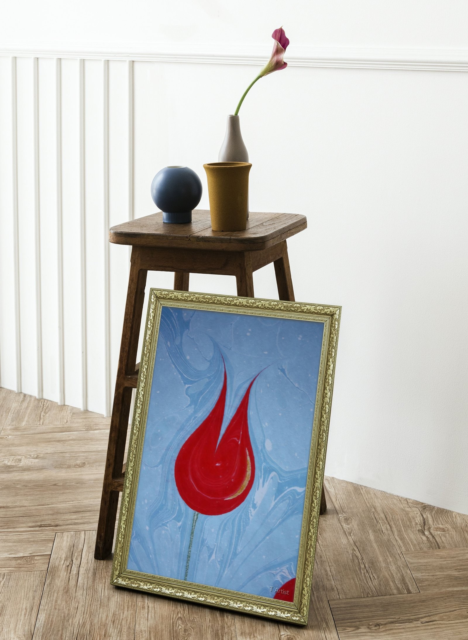 Fuşya, Turkuaz ve Sarı Damarlı Ebru 60x80 cm Çerçeveli Tablo