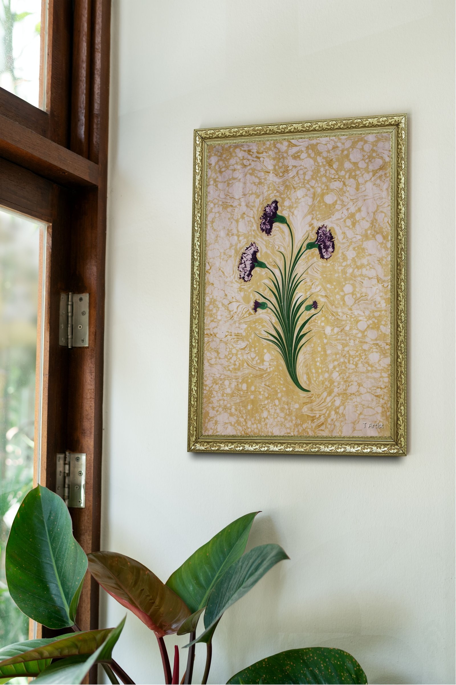Turuncu Zemin Üzerinde Beyaz Gül Desenli Ebru 60x80 cm Çerçeveli Tablo