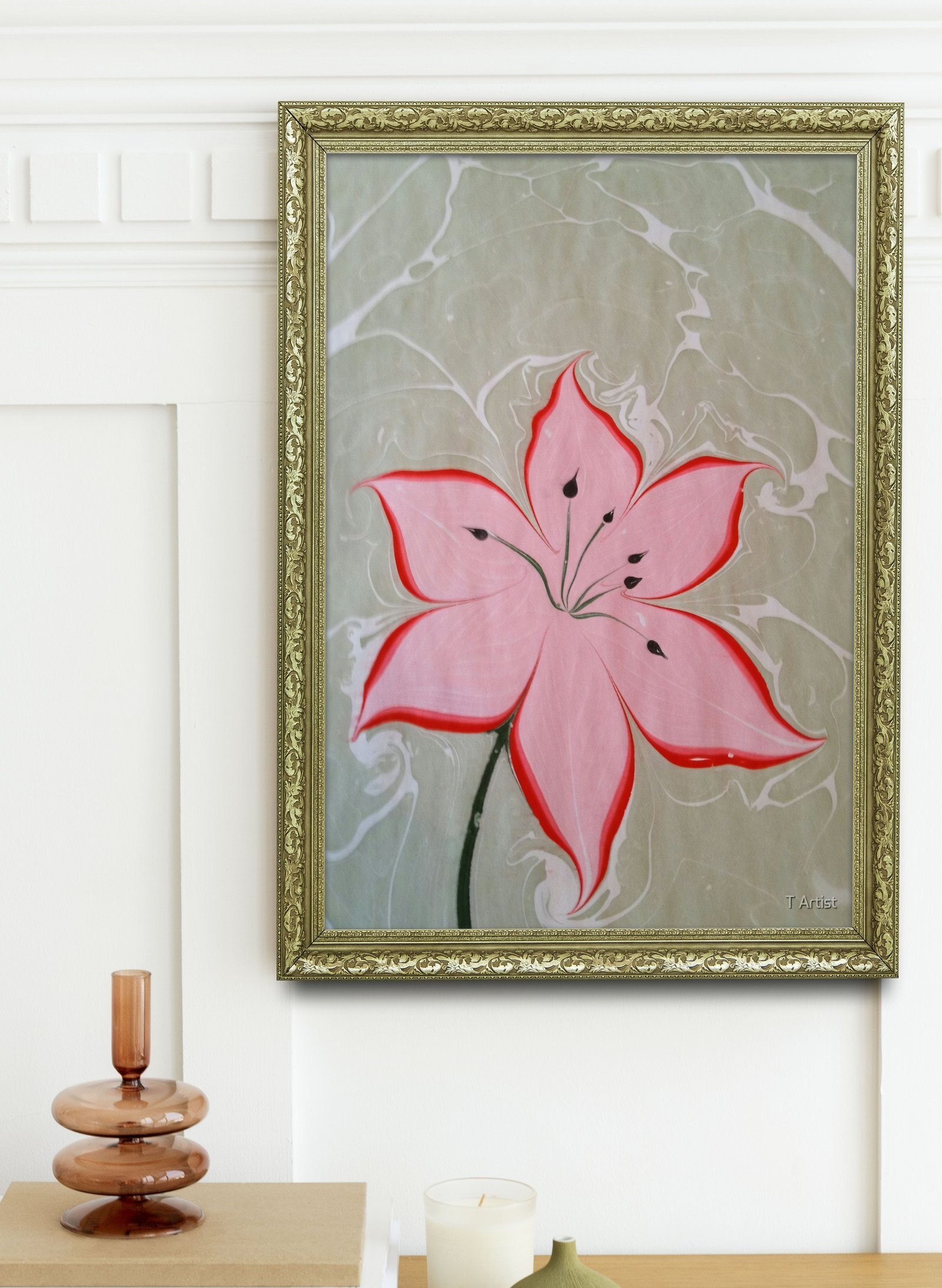 Yeşil ve Sarı Tonlarda Dalgalı Ebru 60x80 cm Çerçeveli Tablo