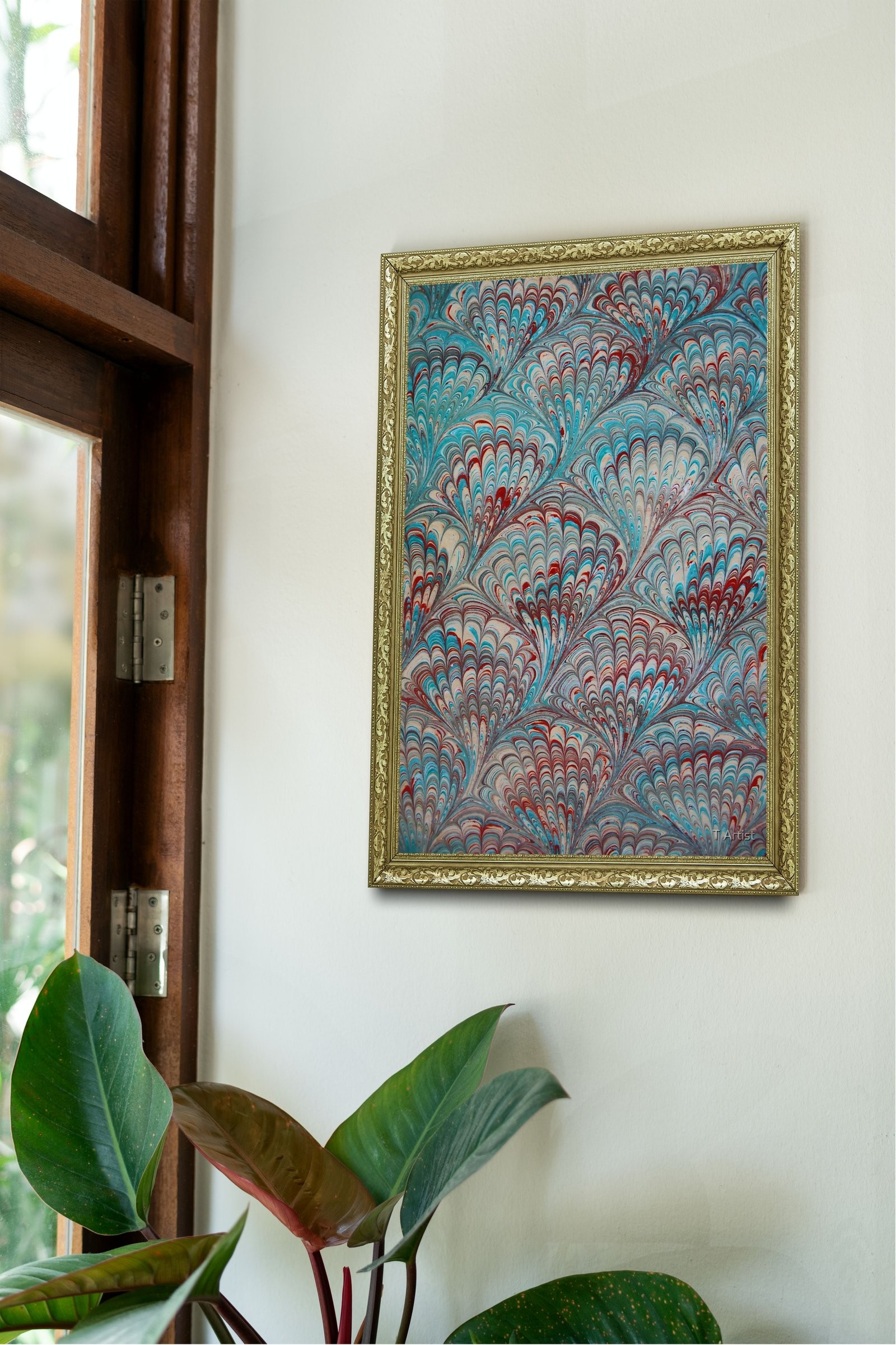 Turkuaz ve Kırmızı Damarlı Ebru 60x80 cm Çerçeveli Tablo