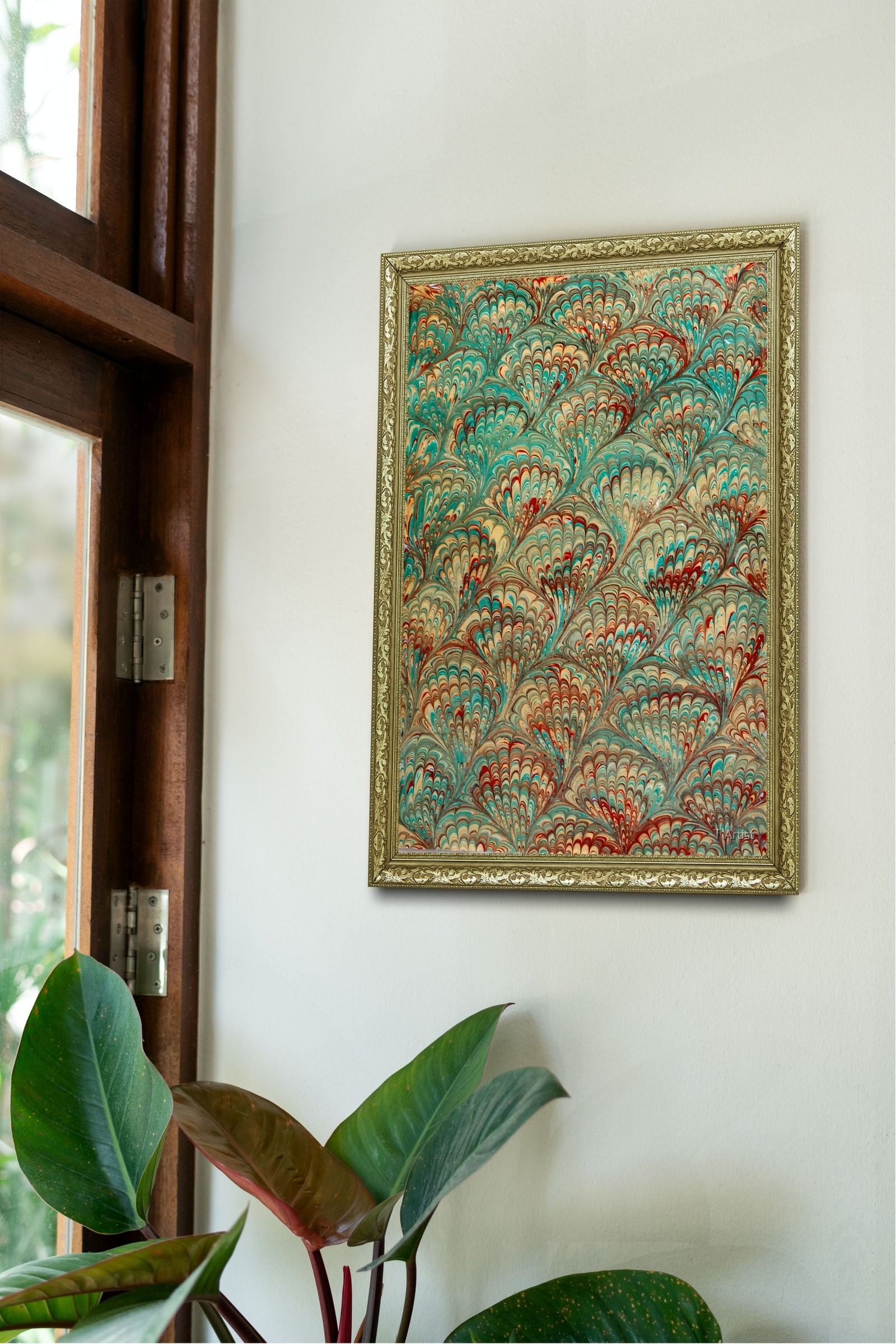Turkuaz Damarlı Klasik Ebru 60x80 cm Çerçeveli Tablo