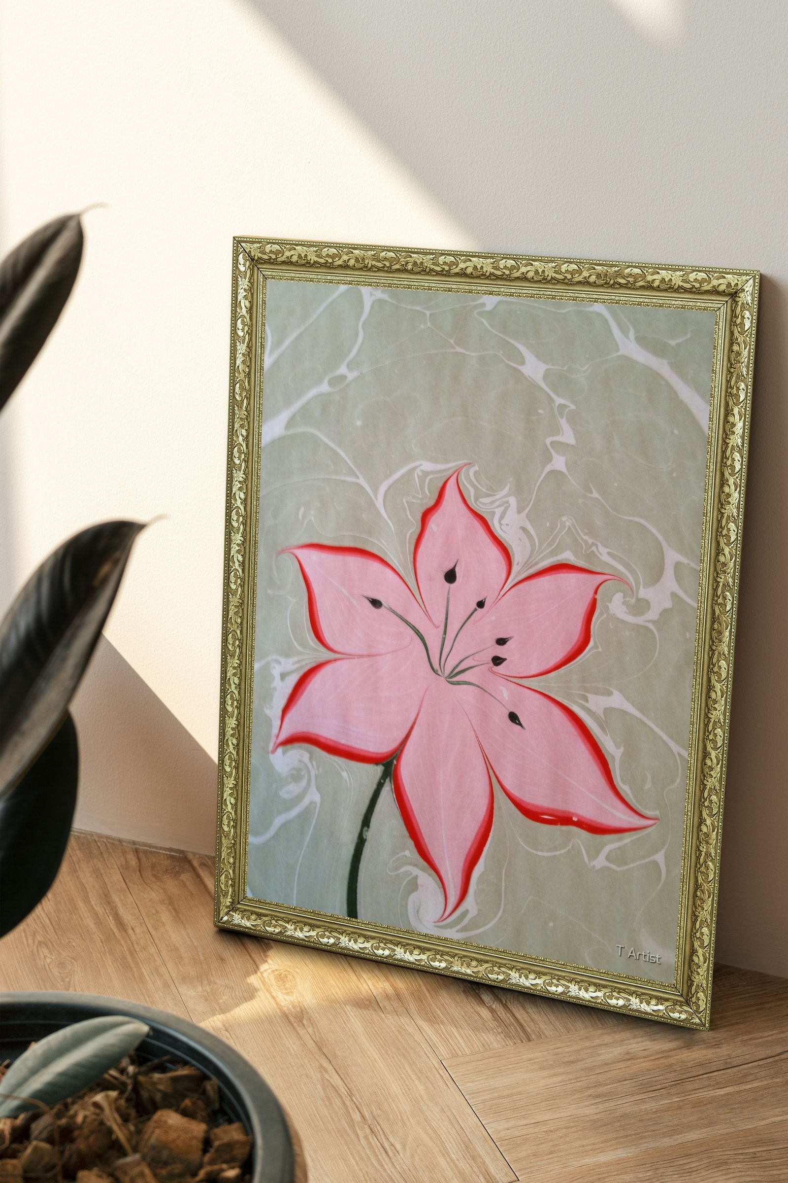 Yeşil ve Sarı Tonlarda Dalgalı Ebru 60x80 cm Çerçeveli Tablo