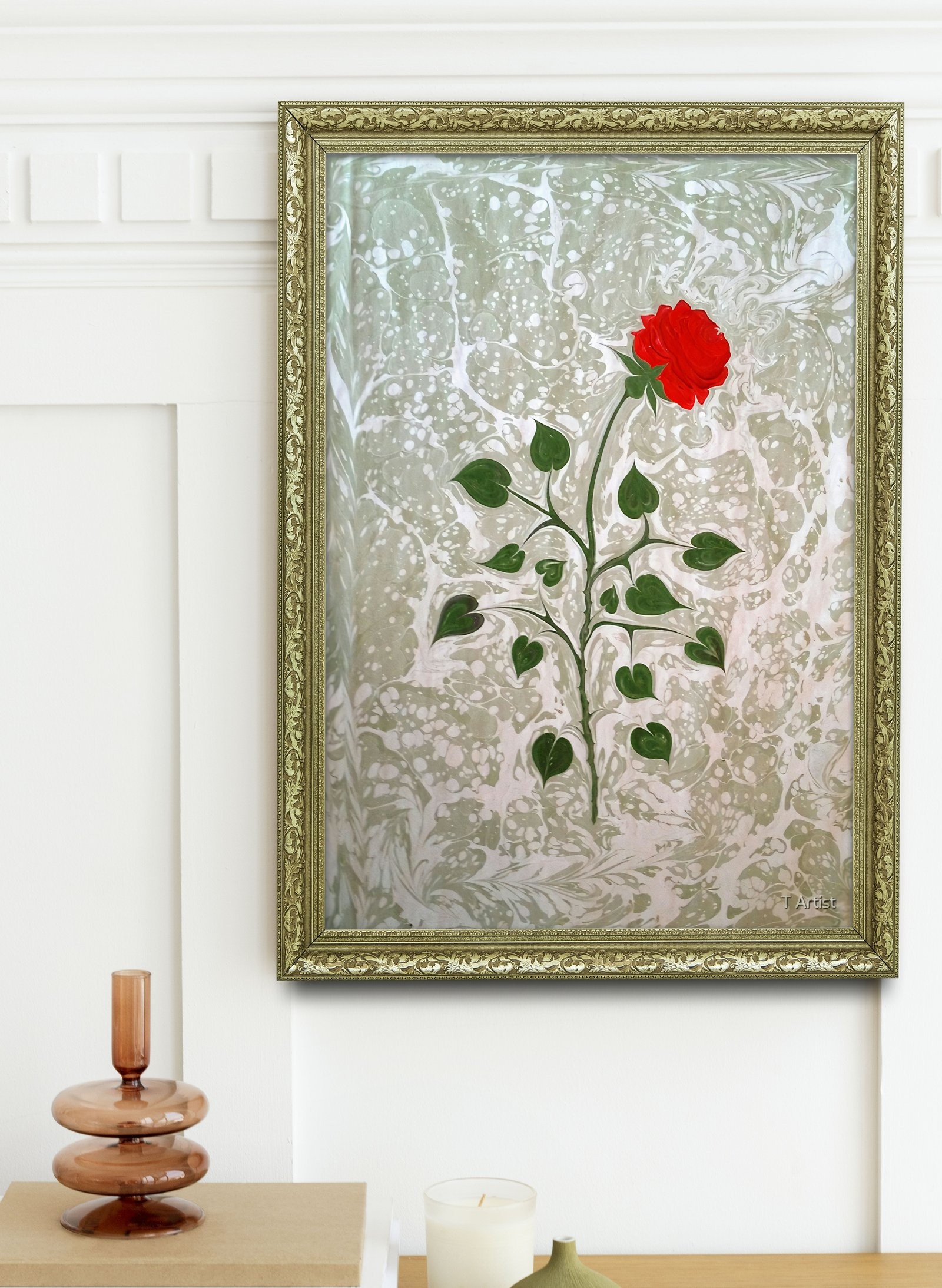 Turkuaz ve Lila Damarlı Ebru 60x80 cm Çerçeveli Tablo
