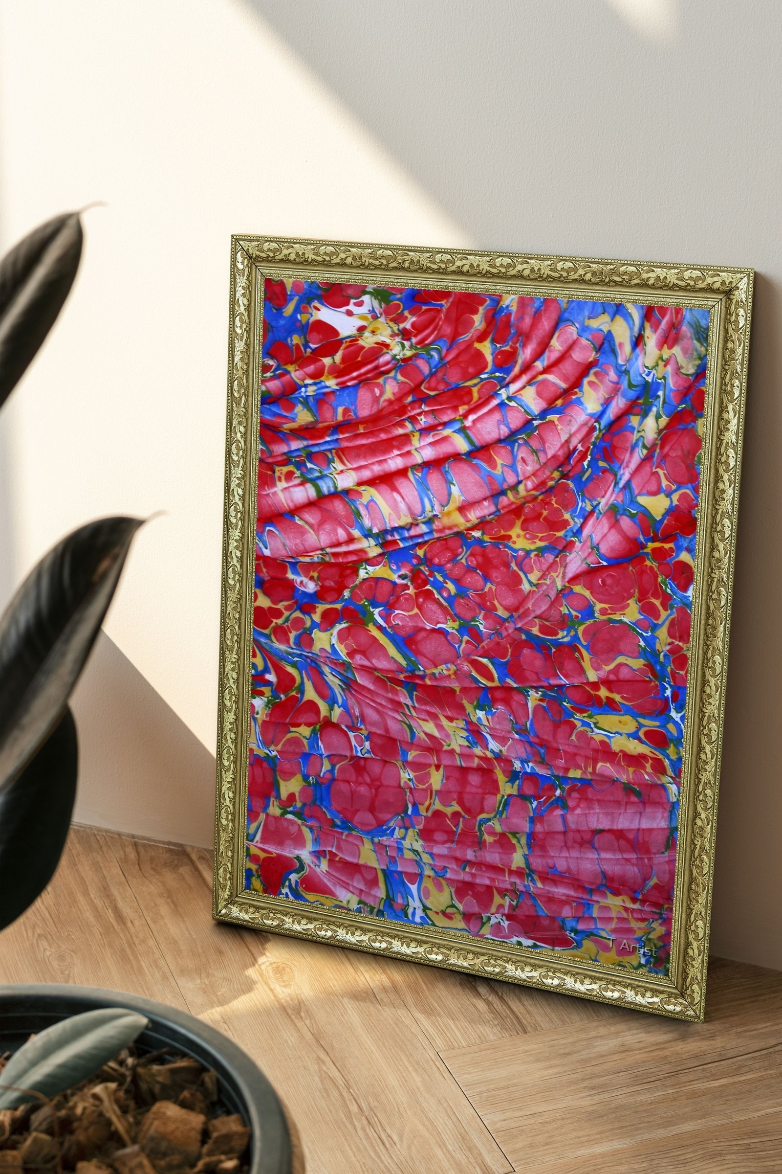 Mavi ve Yeşil Damarlı Ebru 60x80 cm Çerçeveli Tablo