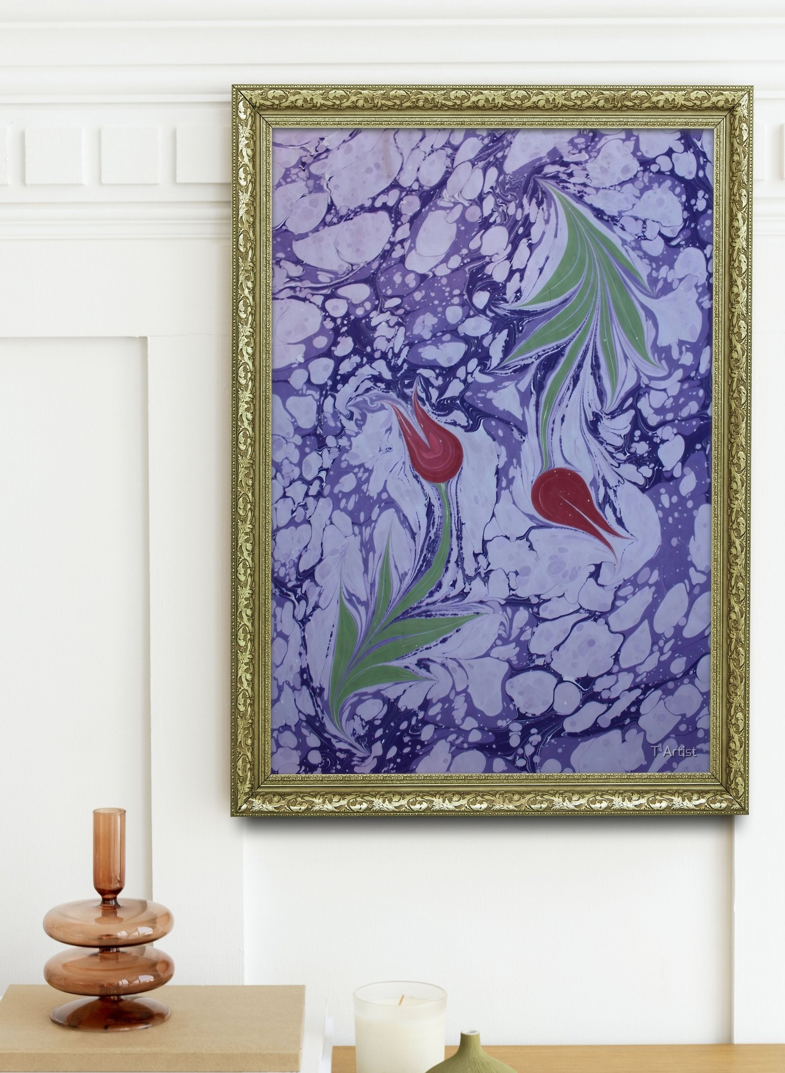 Mor Zemin Üzerine Dağılmış Lale Motifli Ebru 60x80 cm Çerçeveli Tablo