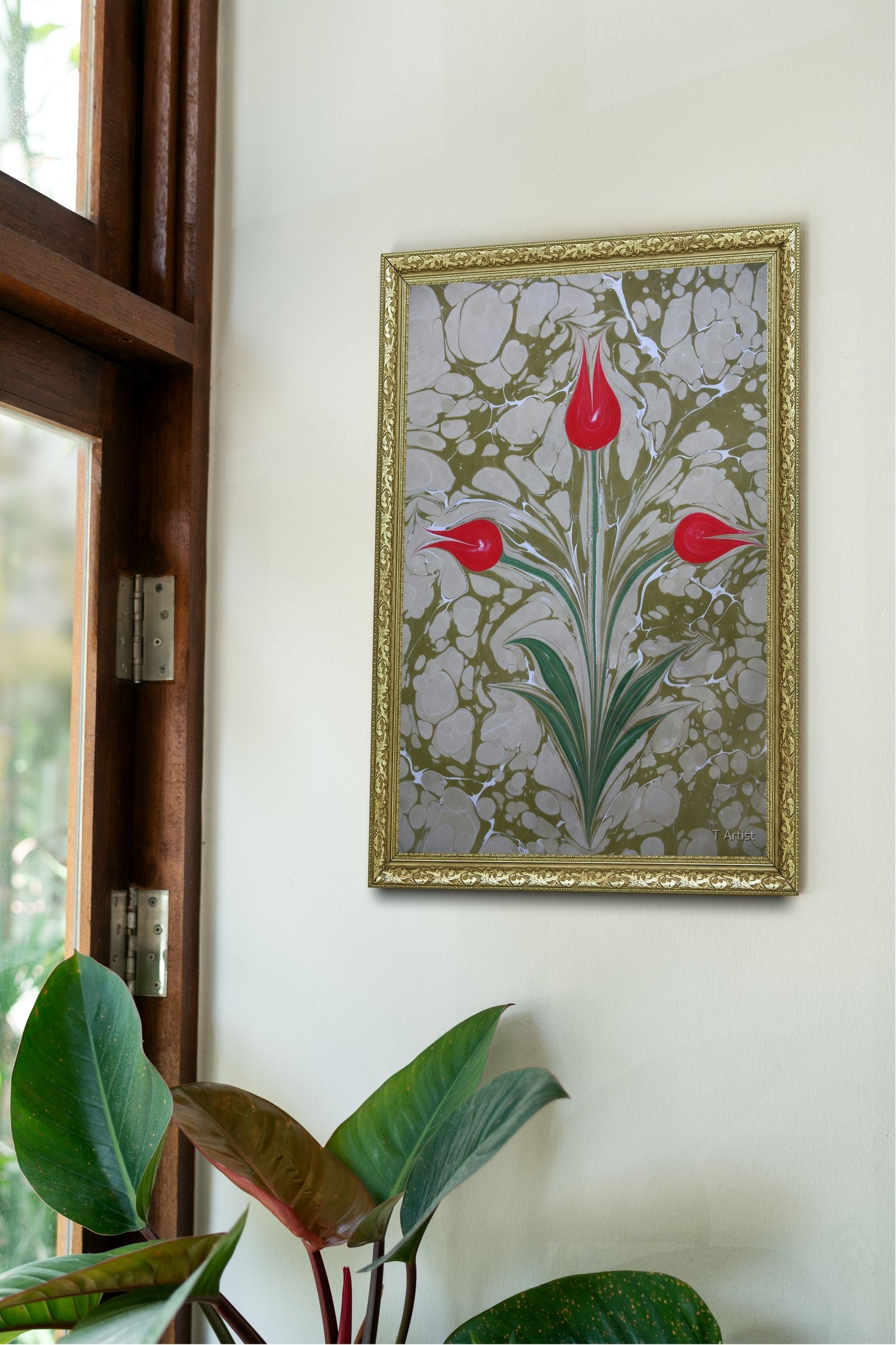 Pembe ve Beyaz Lale Desenli Ebru 60x80 cm Çerçeveli Tablo