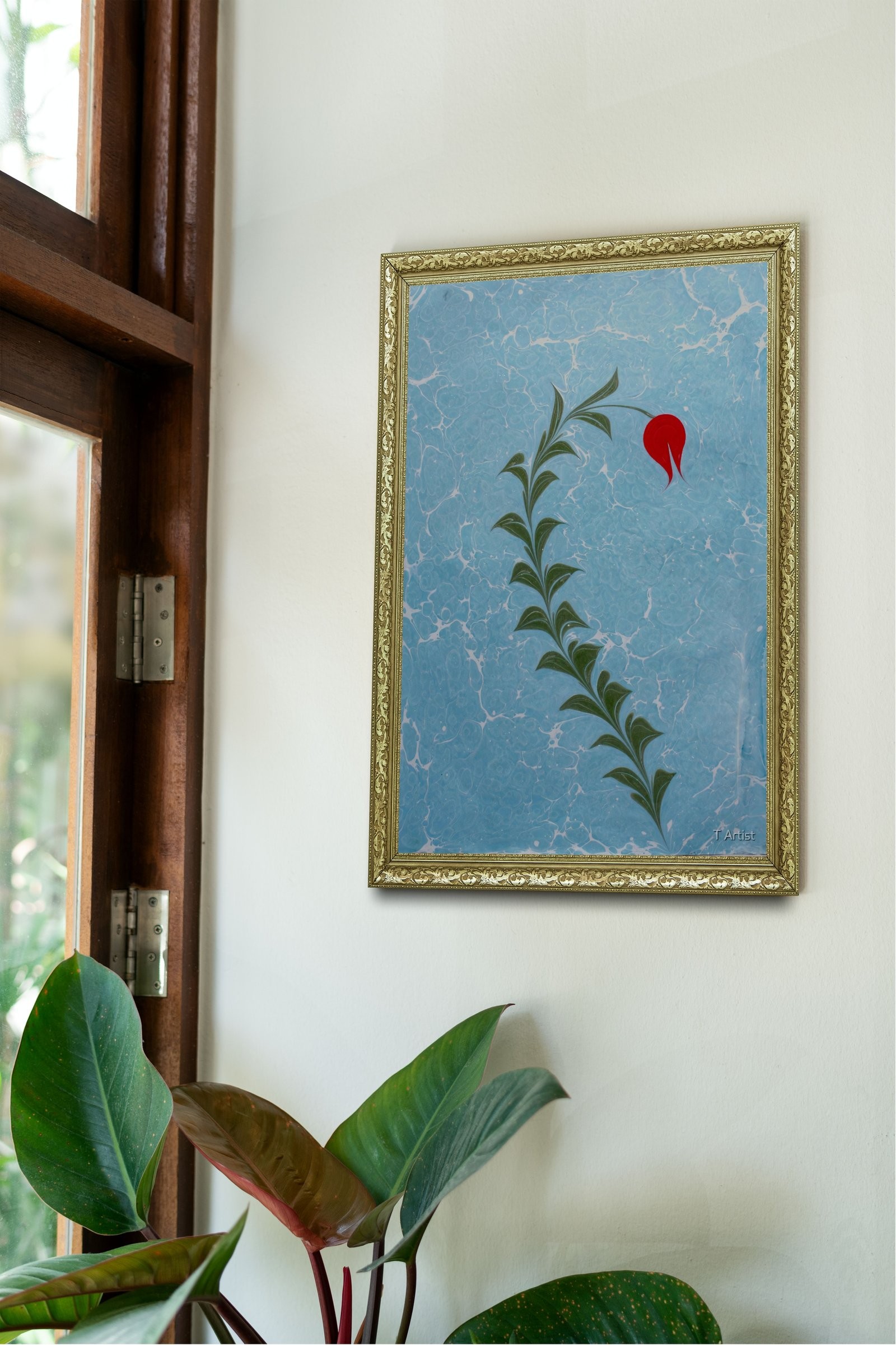 Bordo, Mor ve Mavi Serbest Fırça Desenli Ebru 60x80 cm Çerçeveli Tablo
