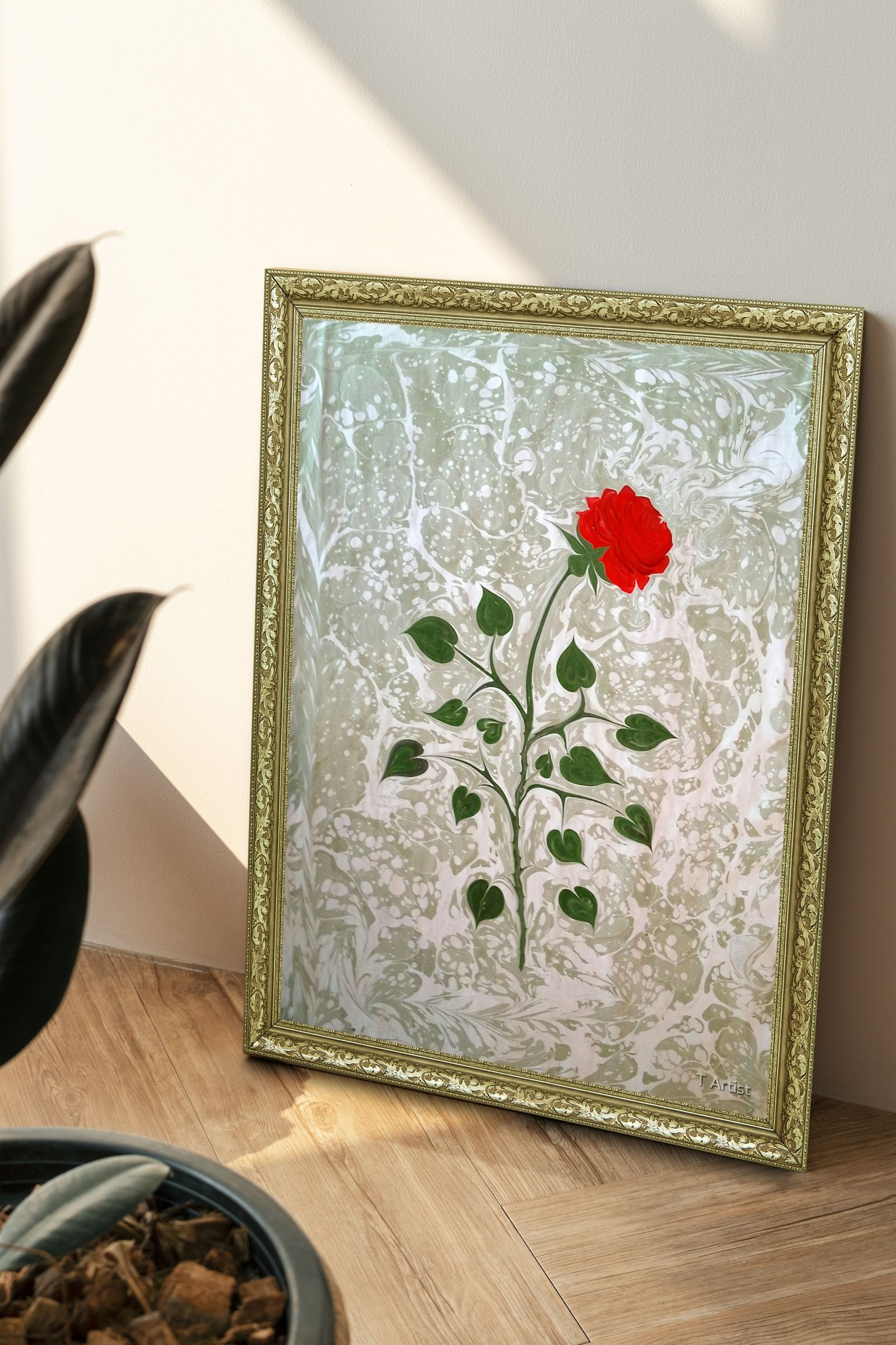 Turkuaz ve Lila Damarlı Ebru 60x80 cm Çerçeveli Tablo