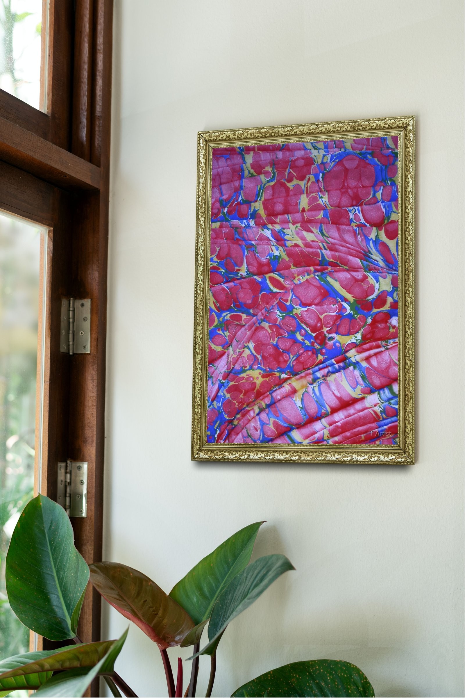 Kırmızı Gül Motifli Ebru 60x80 cm Çerçeveli Tablo