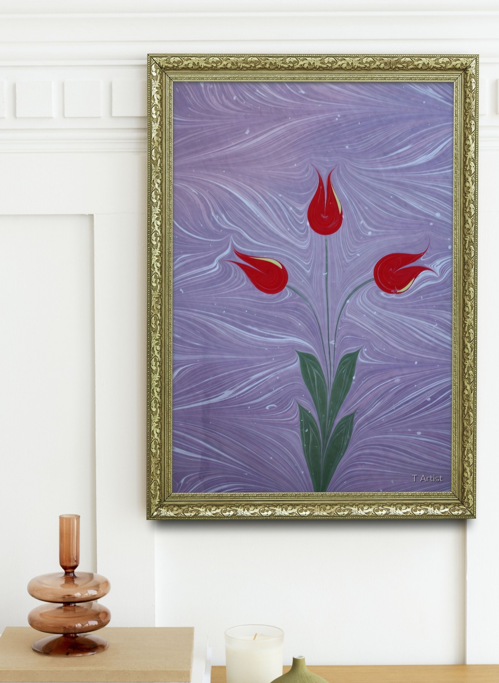 Lila Zemin Üzerinde Üç Lale Ebru 60x80 cm Çerçeveli Tablo