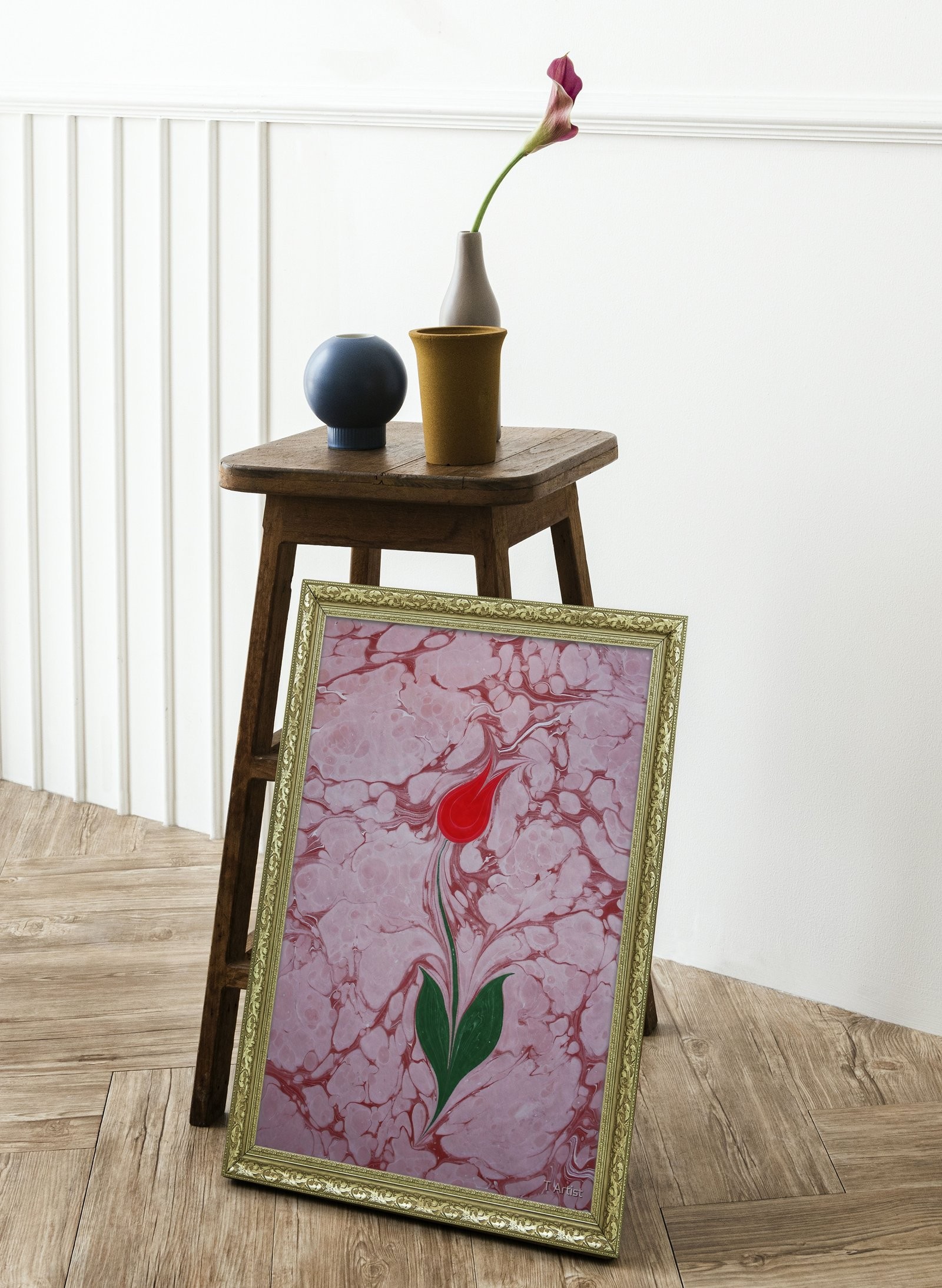Açık Yeşil Zemin Üzerine Pembe Laleler Ebru 60x80 cm Çerçeveli Tablo