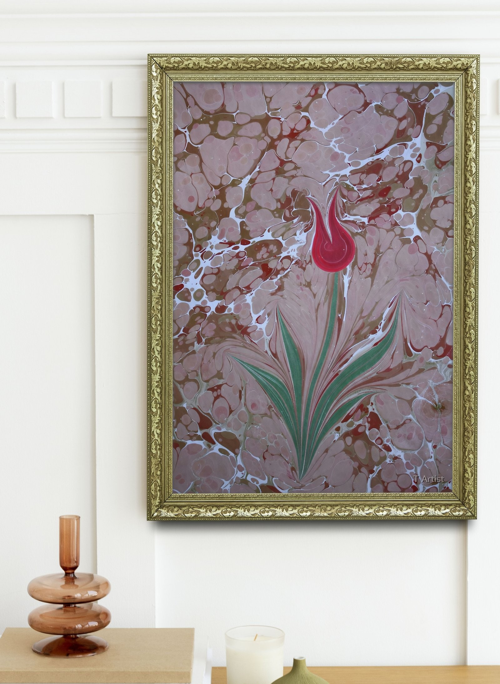 Kahverengi Zemin Üzerine Tek Kırmızı Lale 60x80 cm Çerçeveli Tablo