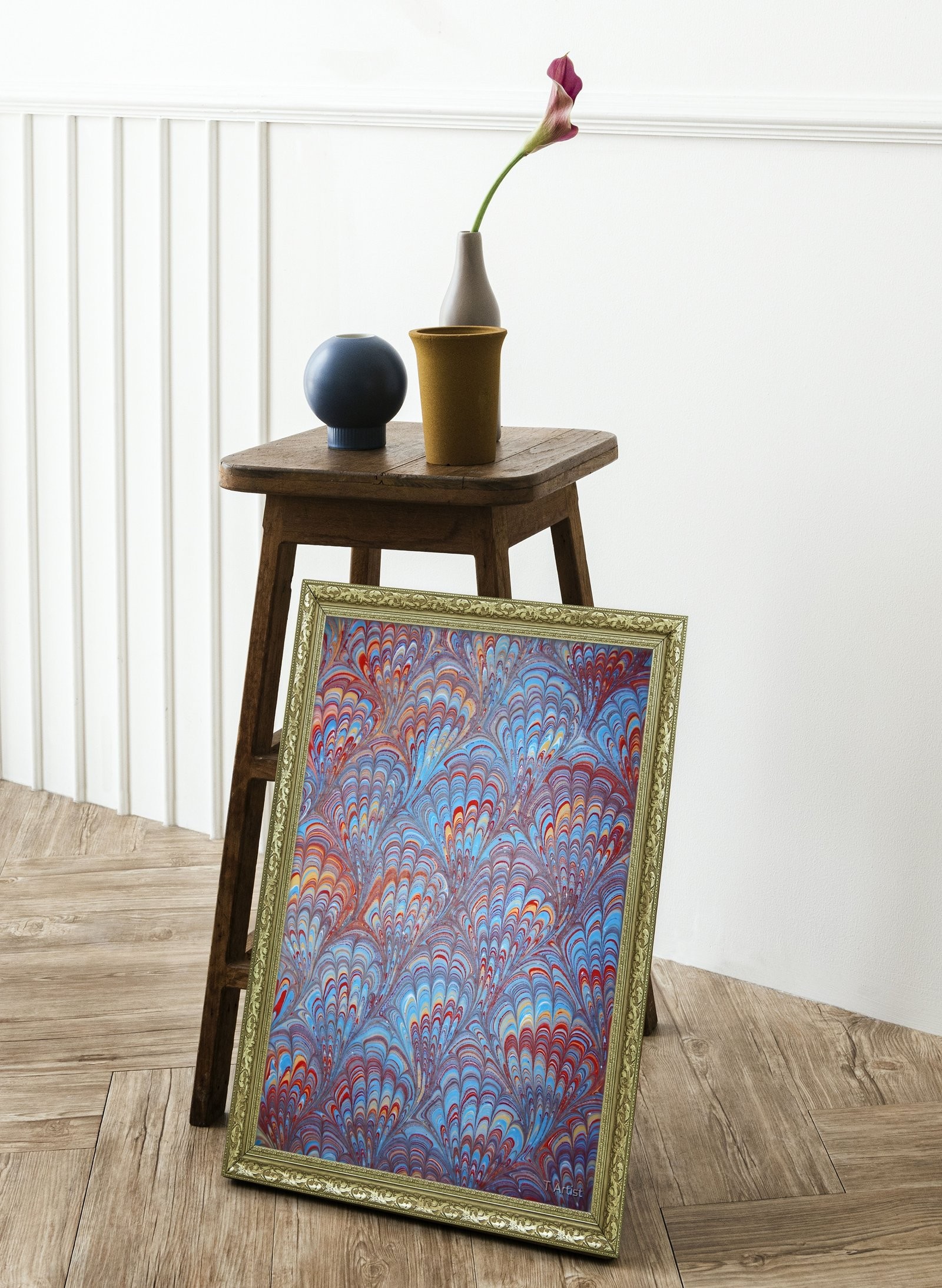Gri Tonlarda Dalgalı Ebru 60x80 cm Çerçeveli Tablo
