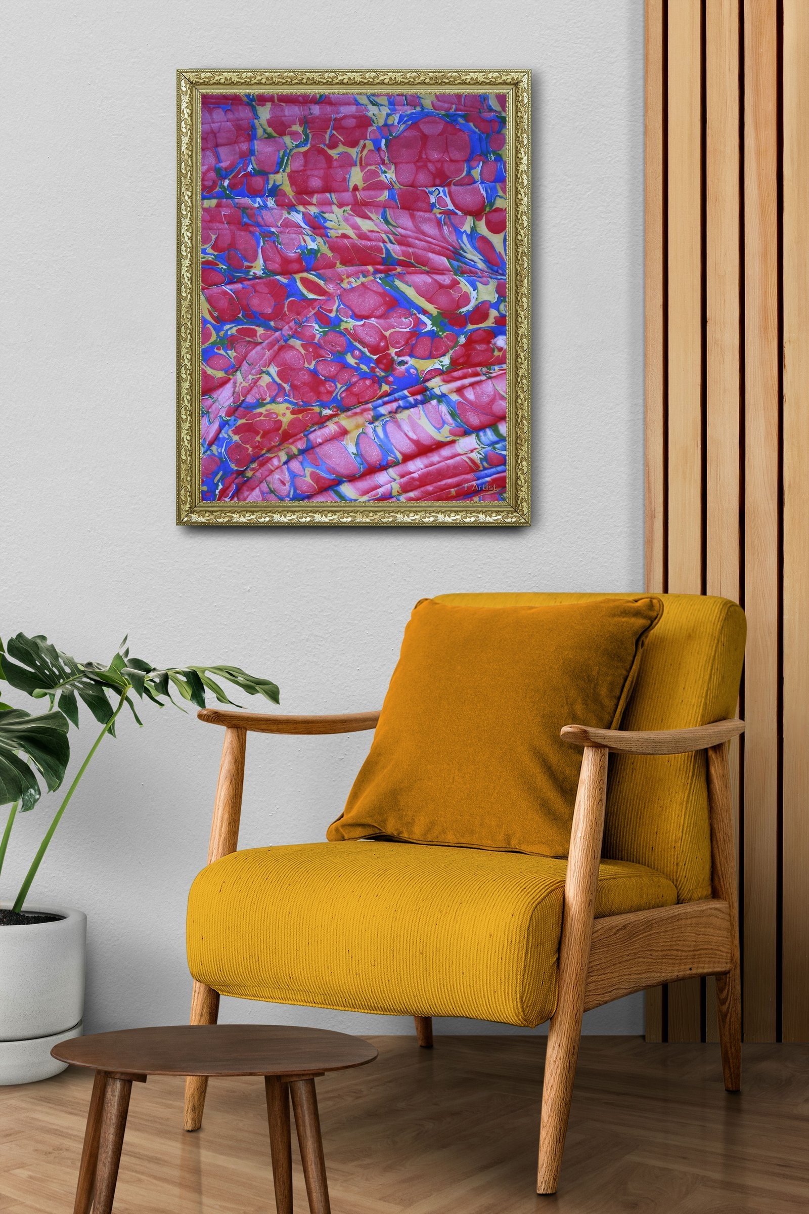 Kırmızı Gül Motifli Ebru 60x80 cm Çerçeveli Tablo