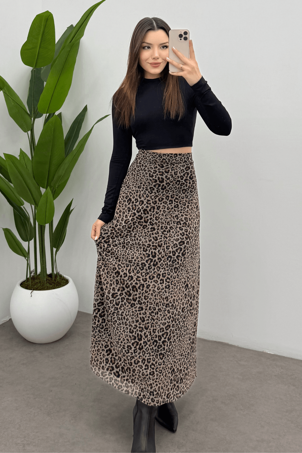 Kadın Kahverengi Nokta Leopar Baskılı  Arka Lastik Detaylı Fermuarlı Tül Etek