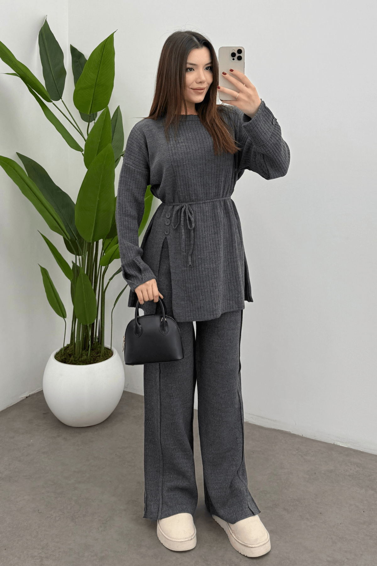 Kadın Gri Bel Bağlamalı Düğme Detaylı Fitilli Triko Kazak Pantolon İkili Takım