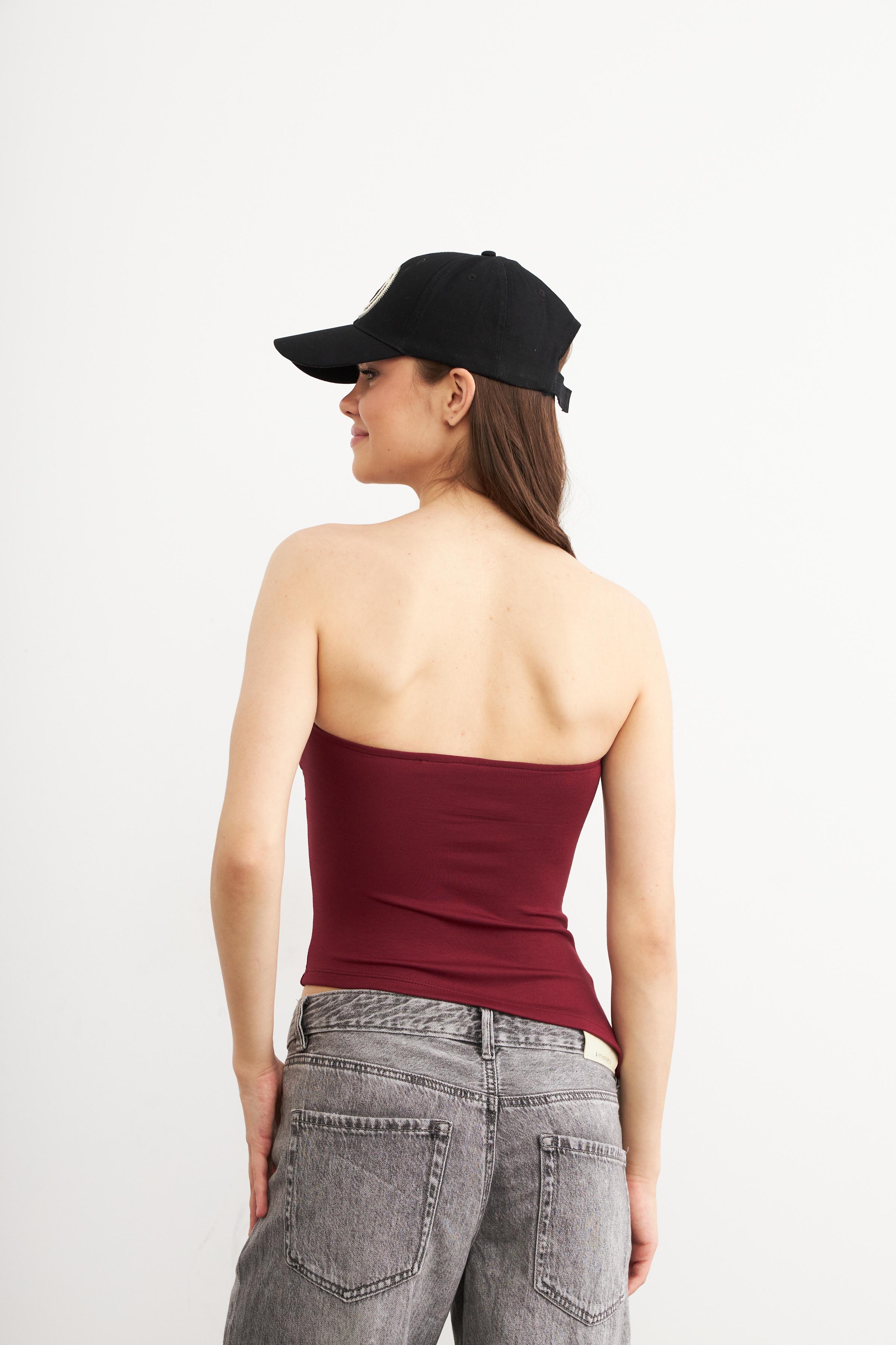 Kadın Büzgülü Asimetrik Straplez Bordo Bluz