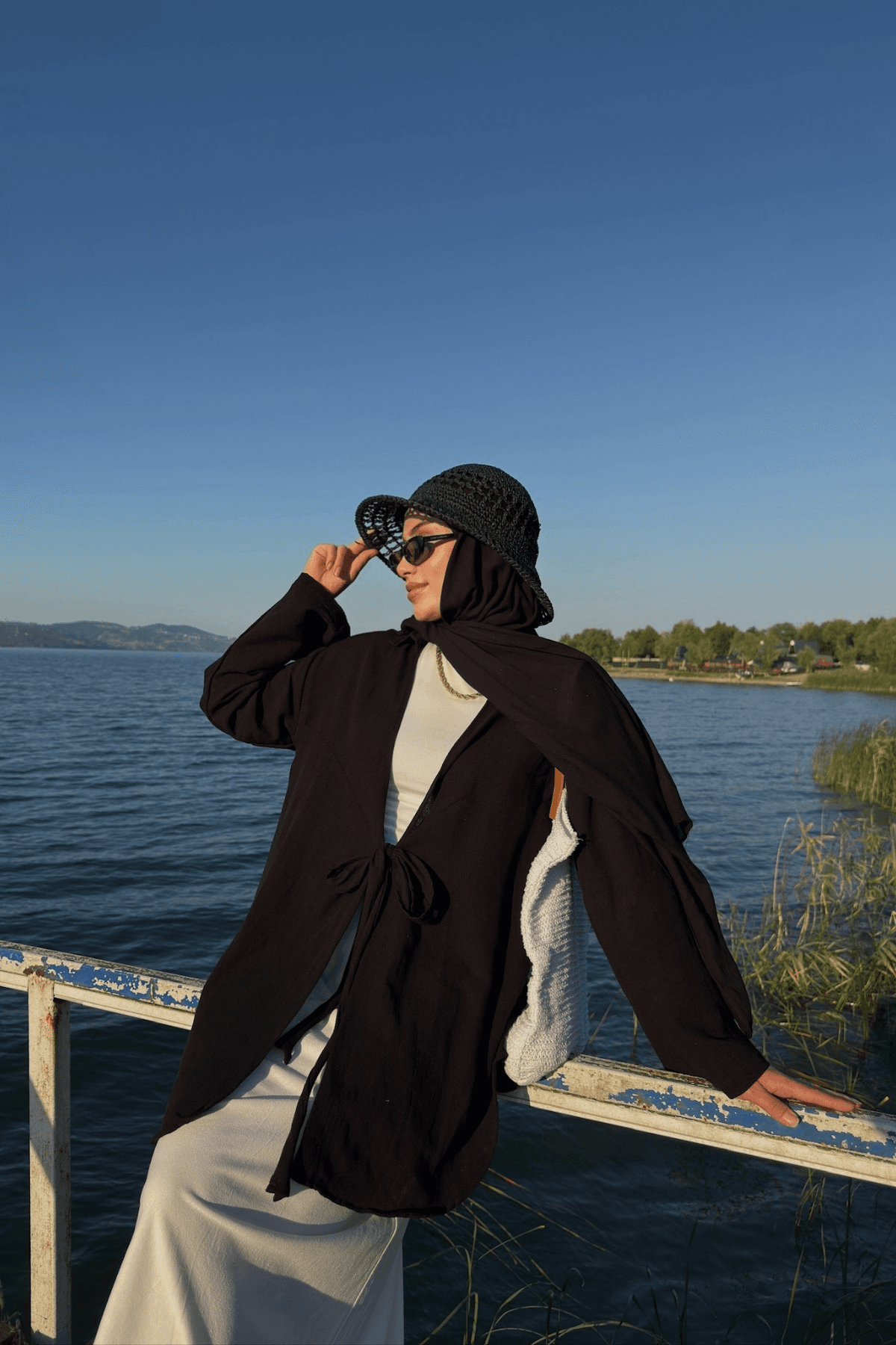 Kadın Siyah Bağlama Detaylı Flam Keten Kimono