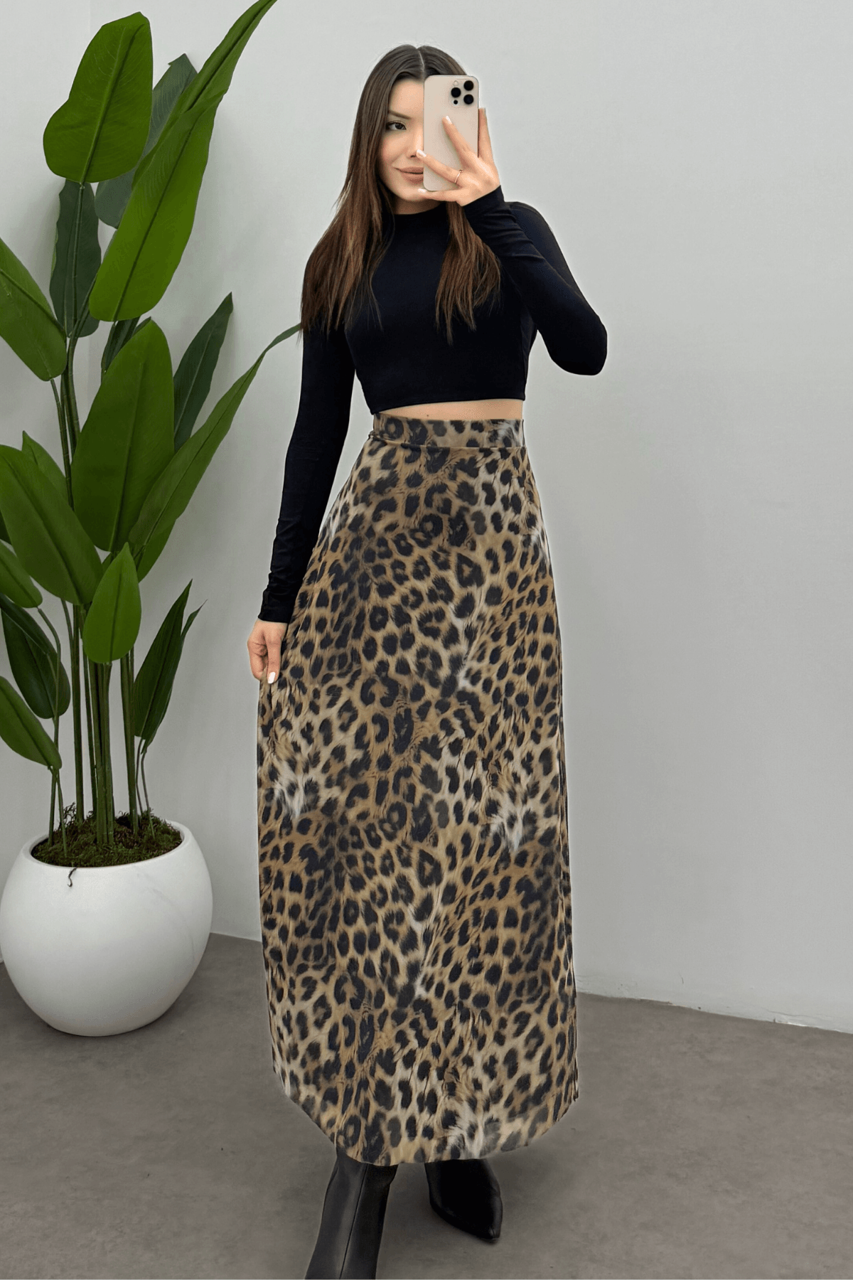  Kadın Leopar   Arka Lastik Detaylı Fermuarlı Maksi  Tül Etek