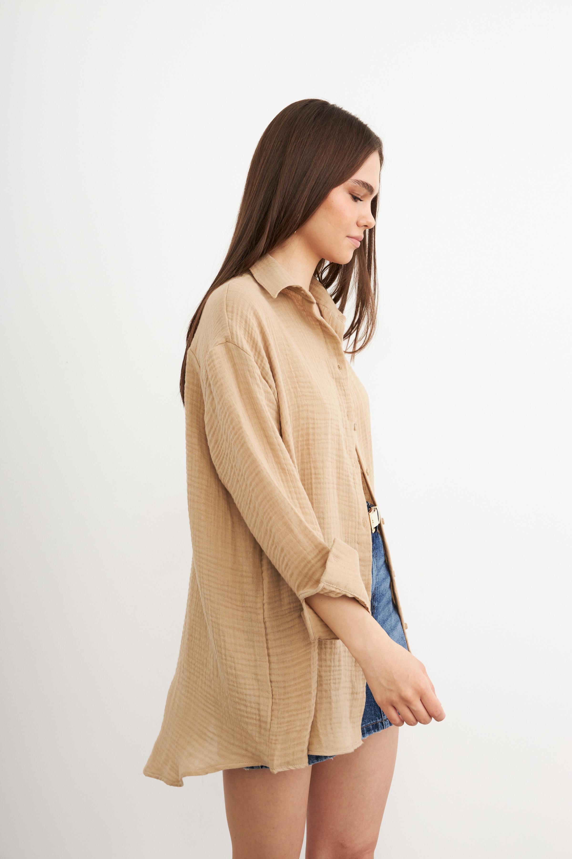 Kadın Krem Oversize Basic Müslin Gömlek