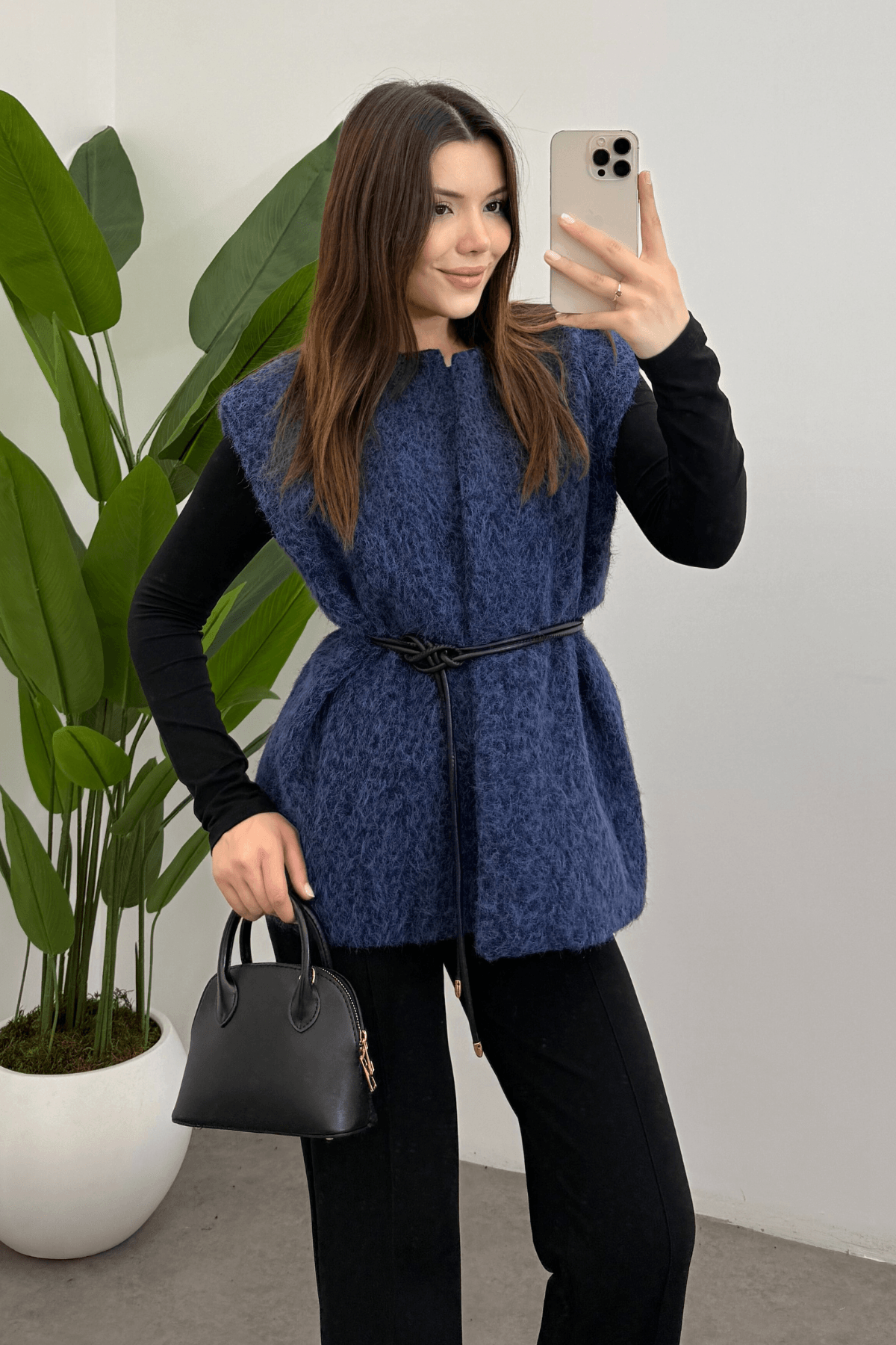 Lacivert Kemerli Kaşe Yelek