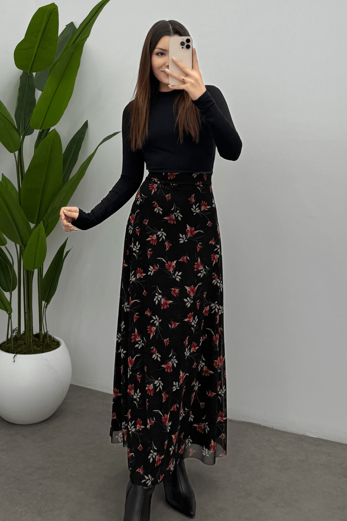 Kadın Kırmızı Yaprak Baskılı  Arka Lastik Detaylı Fermuarlı Tül Etek