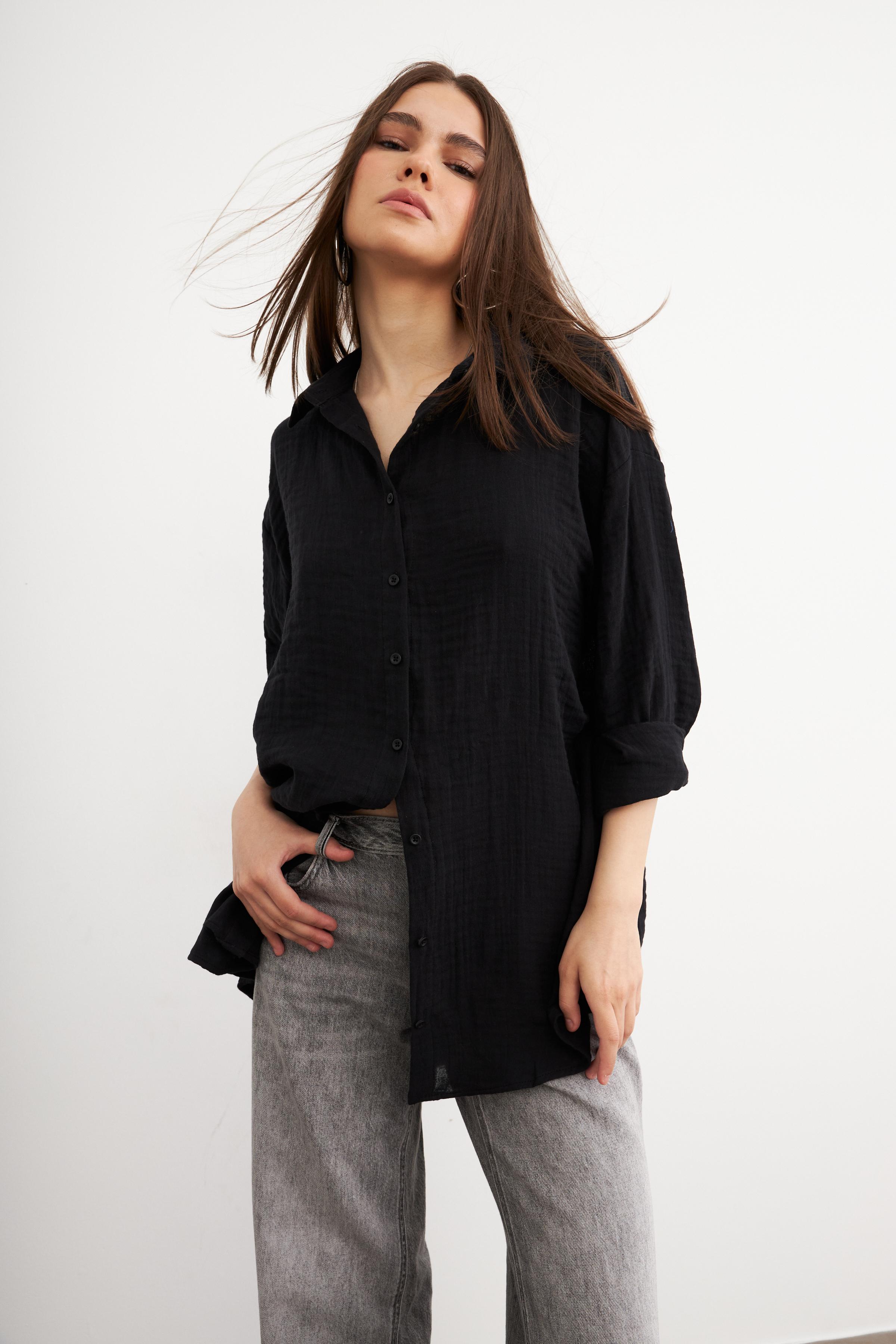 Kadın Siyah Oversize Basic Müslin Gömlek