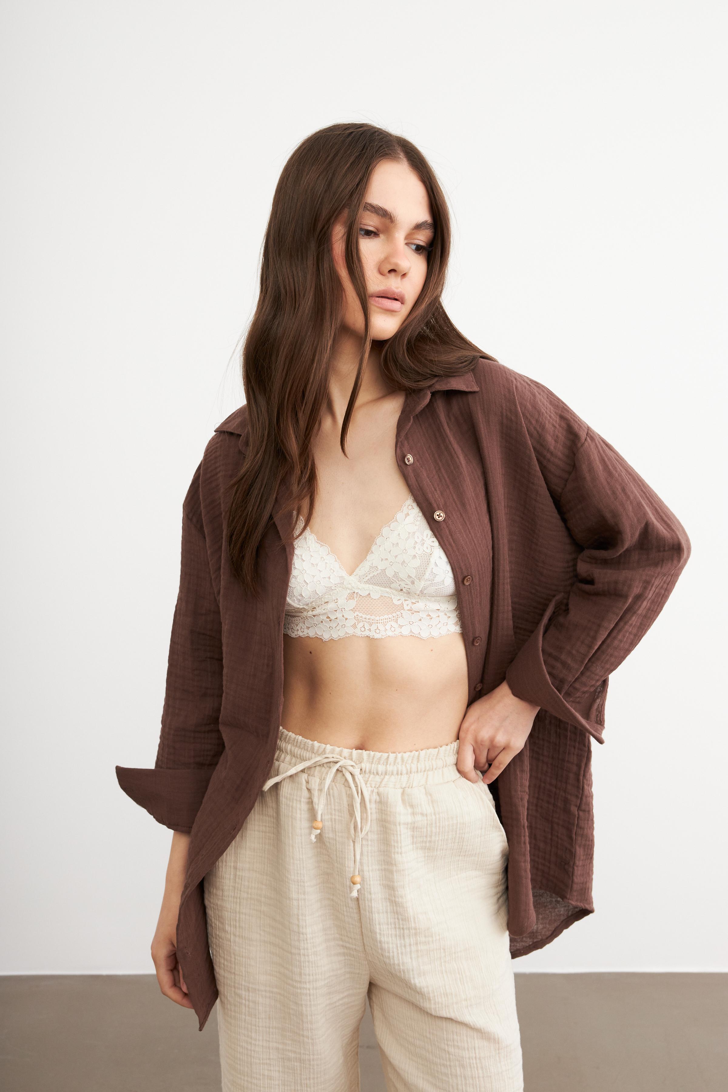 Kadın Acı Kahve Oversize Basic Müslin Gömlek