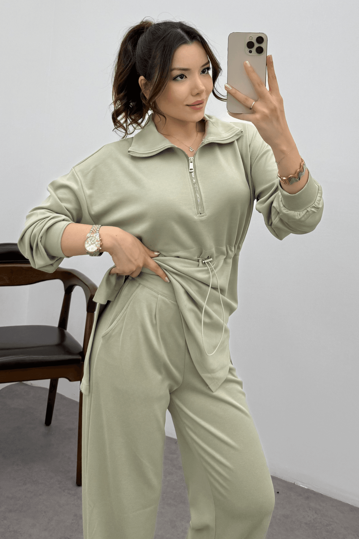 Kadın Soluk Haki Oysho Beli Lastikli Fermuarlı Sweat Takım