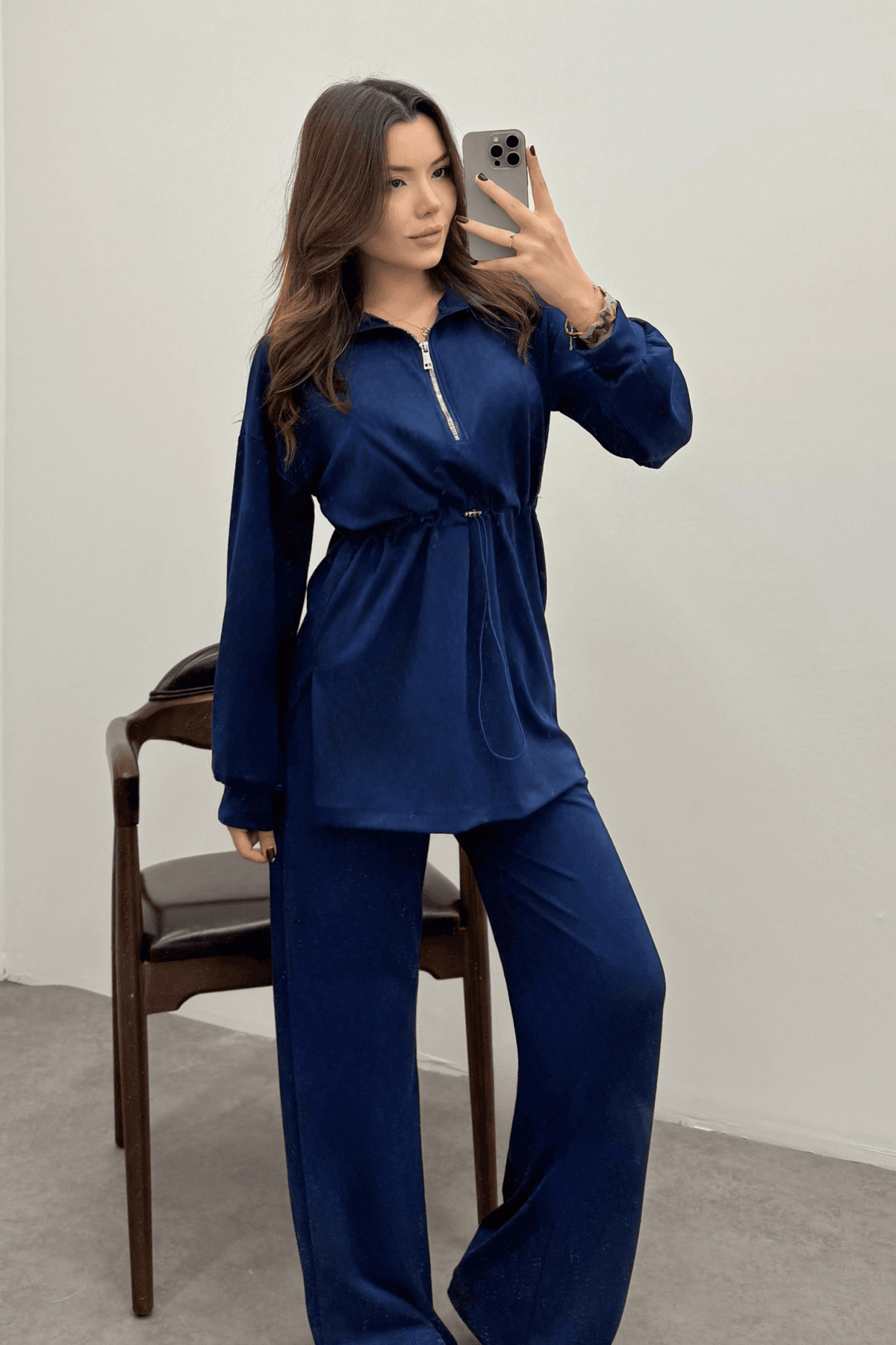 Kadın Lacivert Oysho Beli Lastikli Fermuarlı Sweat Takım