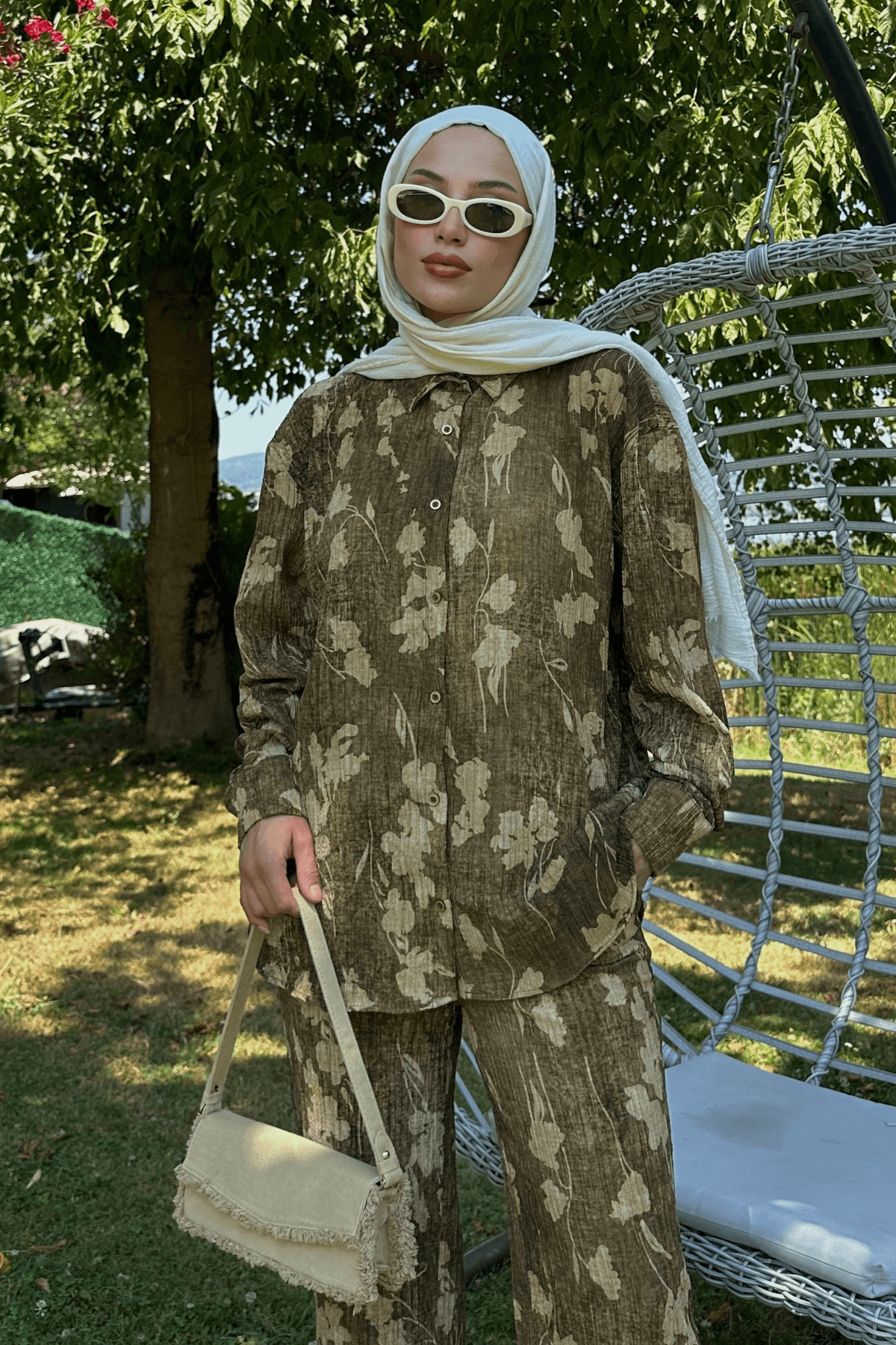 Kadın Koyu Hardal Yaprak Efektli Krinkıl Gömlek Pantolon Alt Üst Takım