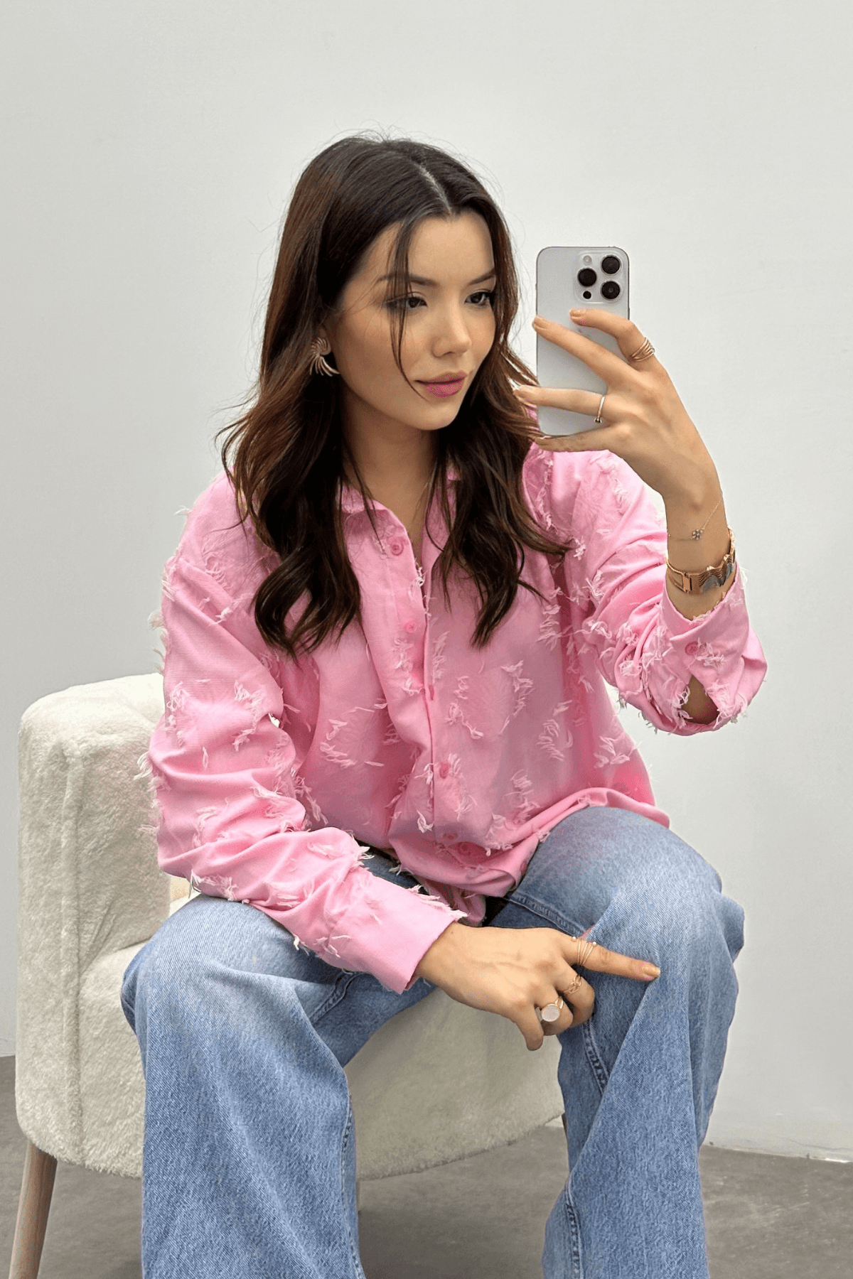 Kadın Düğmeli Pembe Püskül Detaylı Gömlek