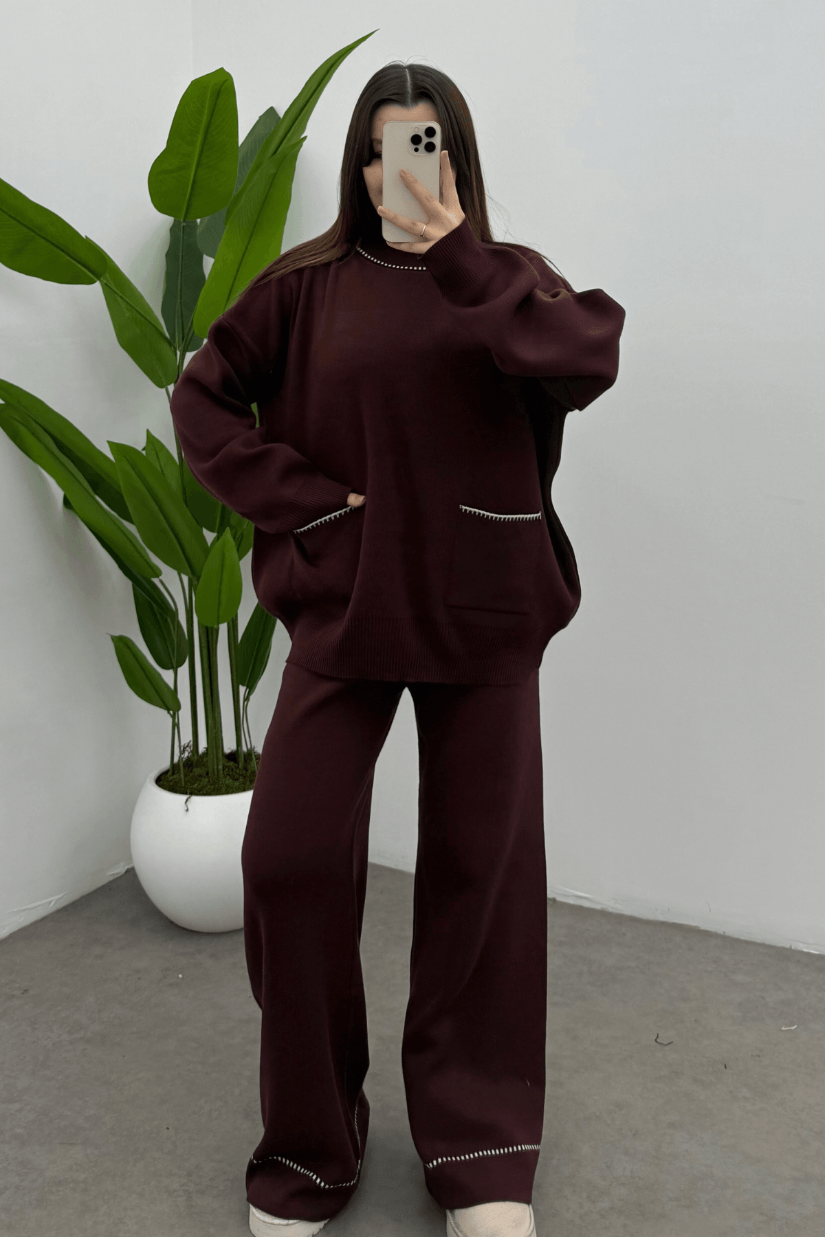 Kadın Bordo  Balıkçı Yaka Cep Detaylı Kazak Pantolon Triko Takım