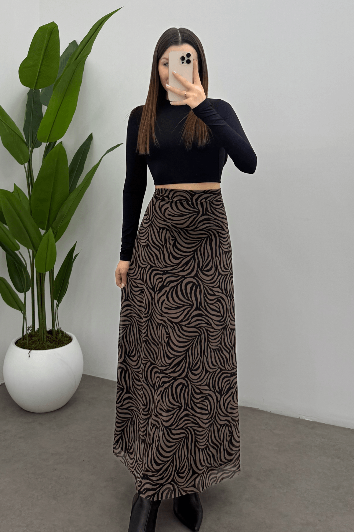 Kadın Kahverengi Dalga Zebra Baskılı  Arka Lastik Detaylı Fermuarlı  Tül Etek
