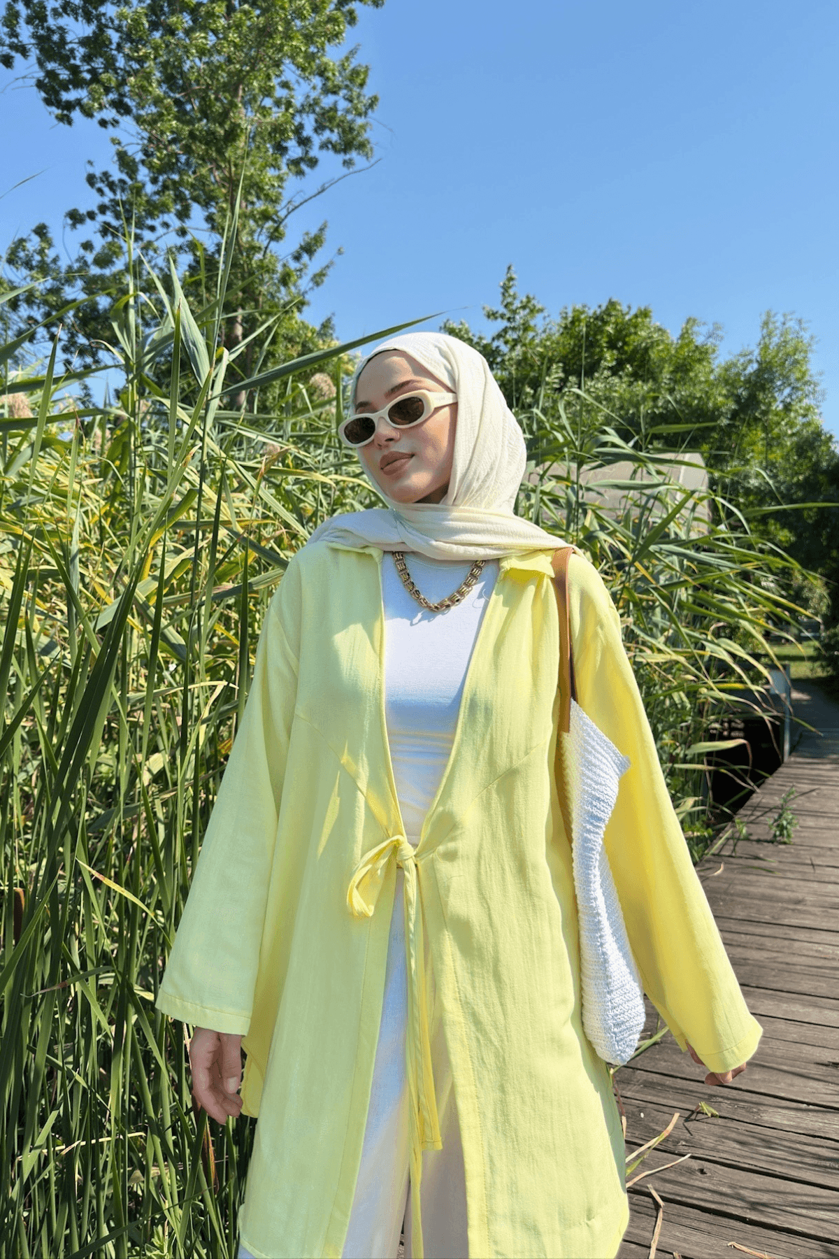 Kadın Tereyağı Sarı Bağlama Detaylı Flam Keten Kimono