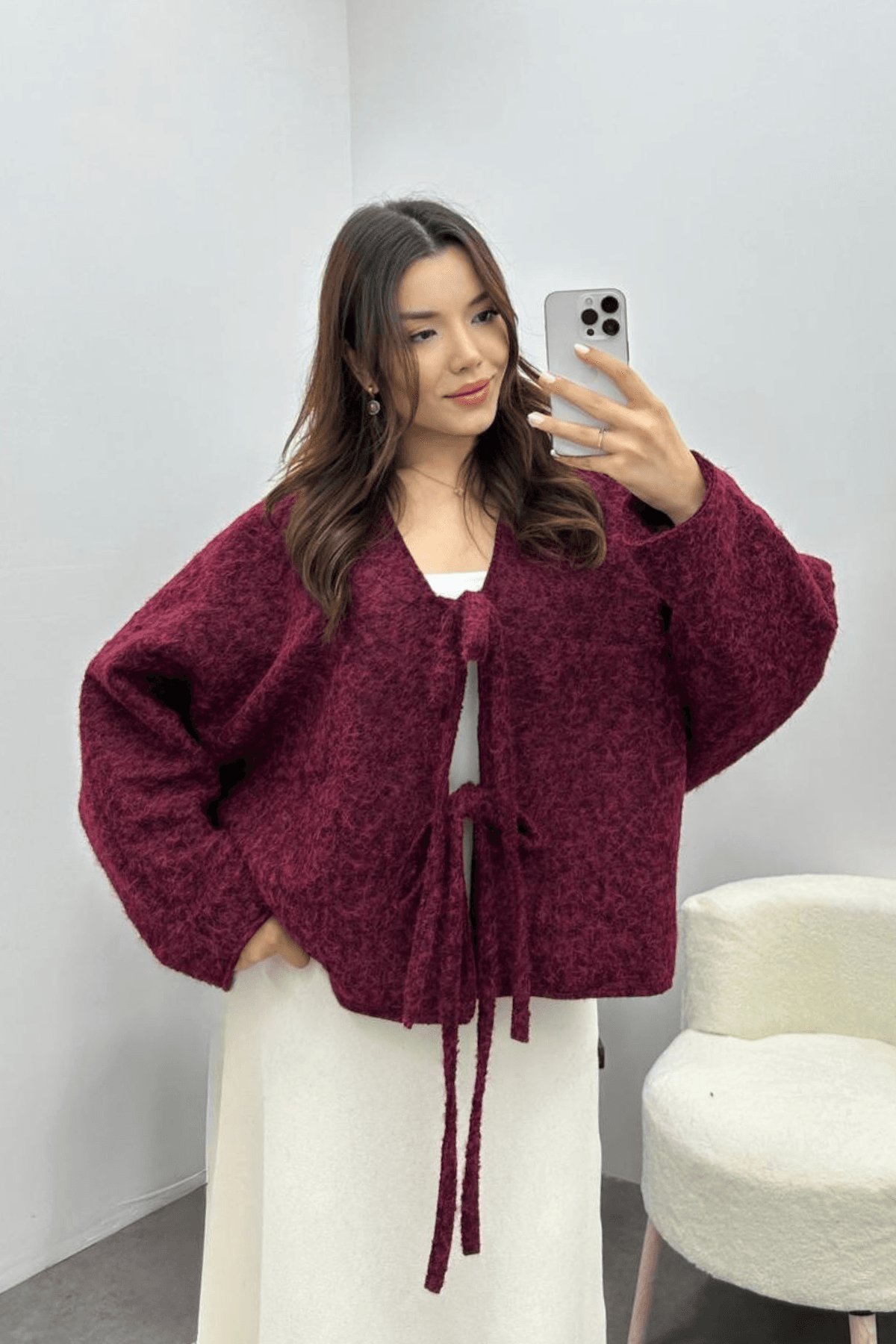 Kadın Bordo Bağcık Detaylı İthal Kaşe Ceket