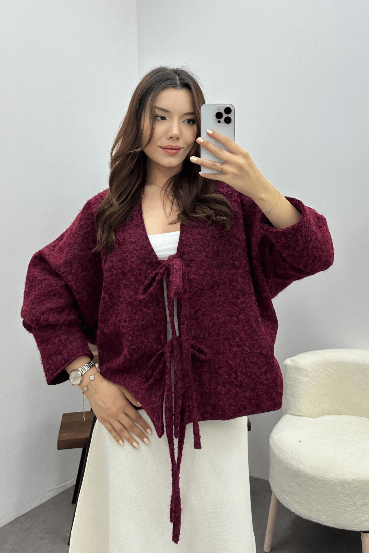 Kadın Bordo Bağcık Detaylı İthal Kaşe Ceket