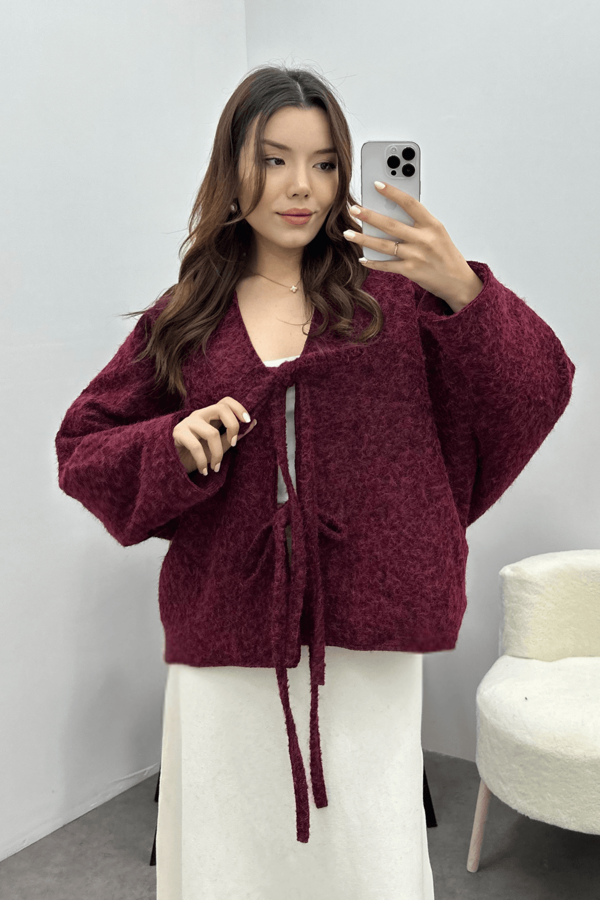 Kadın Bordo Bağcık Detaylı İthal Kaşe Ceket